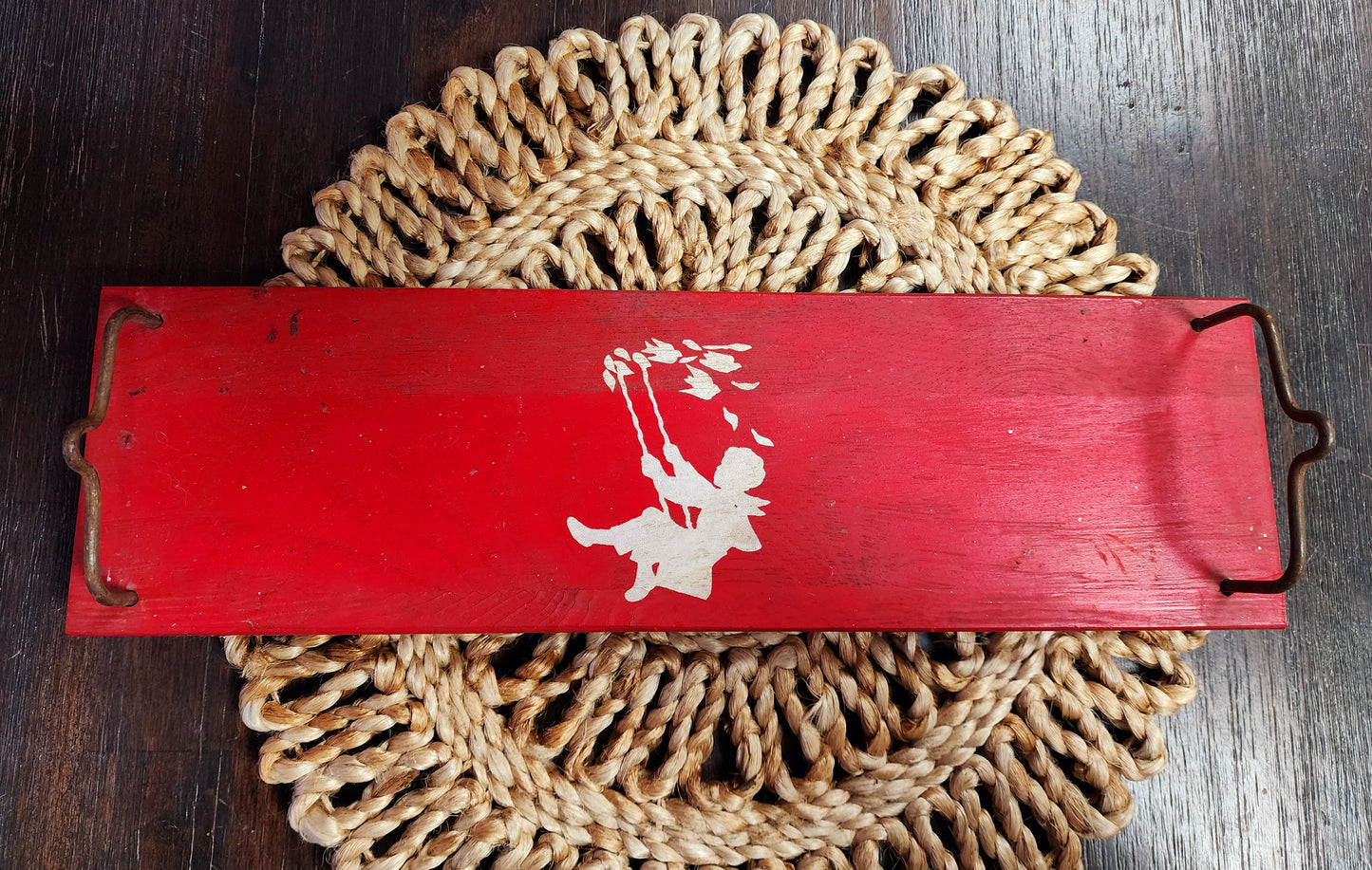 Vintage Early 1950s Children's Wooden Swing Set Toy, Tree Swing Red, Stenciled Child on Swing