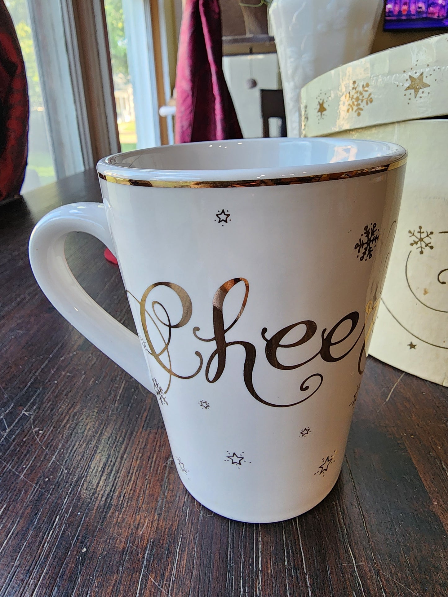 Set of 4 Coffee Mugs Cheer White Cups Gold Print Stars Snowflakes Original Box
