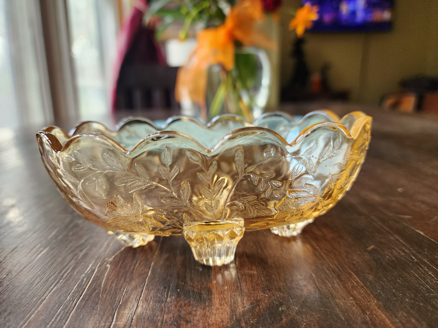 Vintage Amber Glass Candy Dish with Flower Design 5 inches wide x 2 inches tall