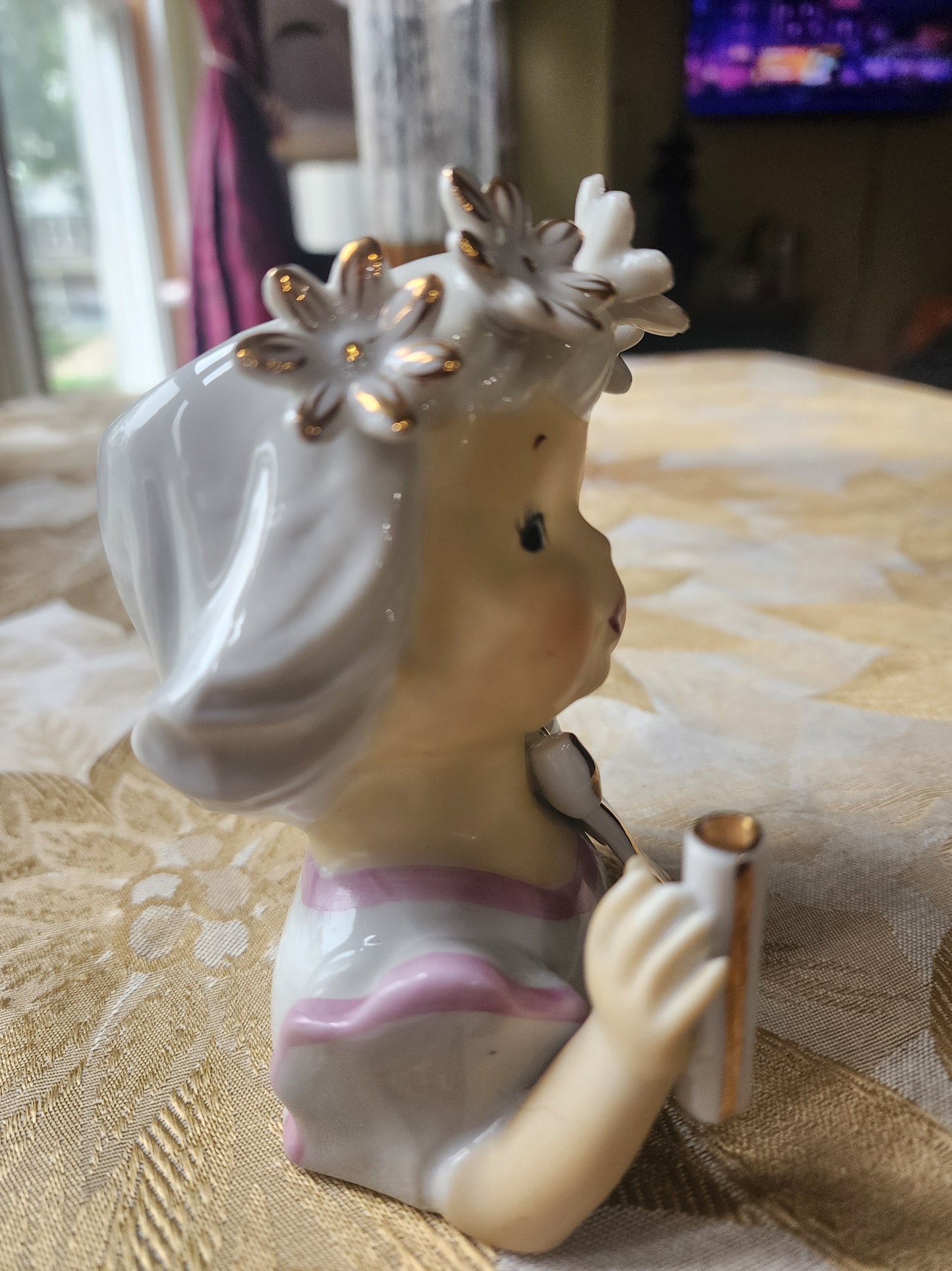 Vintage Napco Head Vase Girl with Floral Crown, Bow, Pink and White Dress 1950s