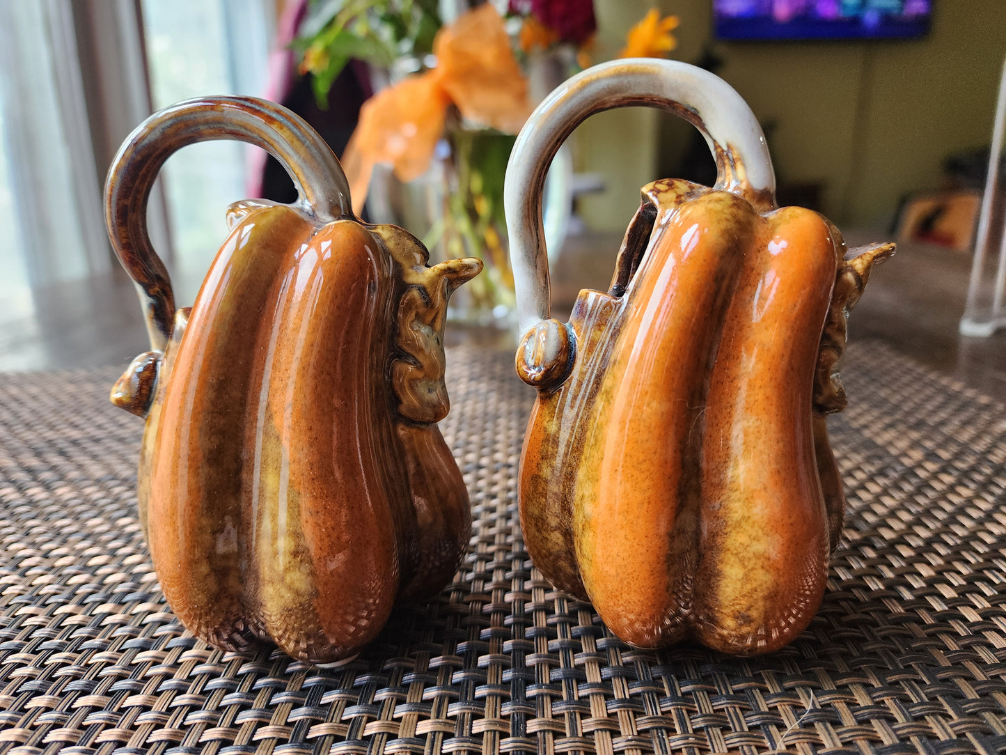 Fall Harvest Majolica Pottery Pumpkin Decoration Orange and Brown Glaze, 2 Included