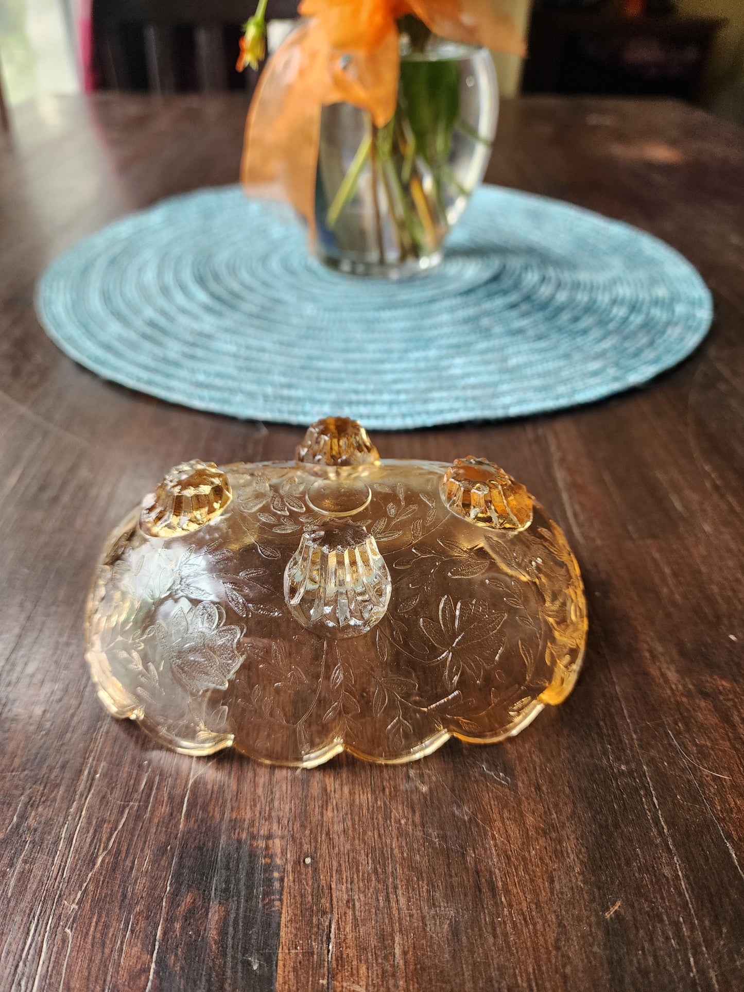 Vintage Amber Glass Candy Dish with Flower Design 5 inches wide x 2 inches tall