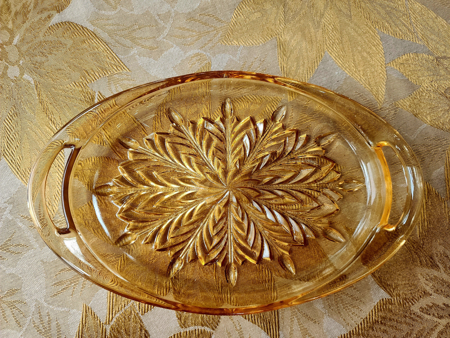 Vintage Amber Pressed Oval Glass Relish Tray Snowflake Embossed Pattern 10" x 6"