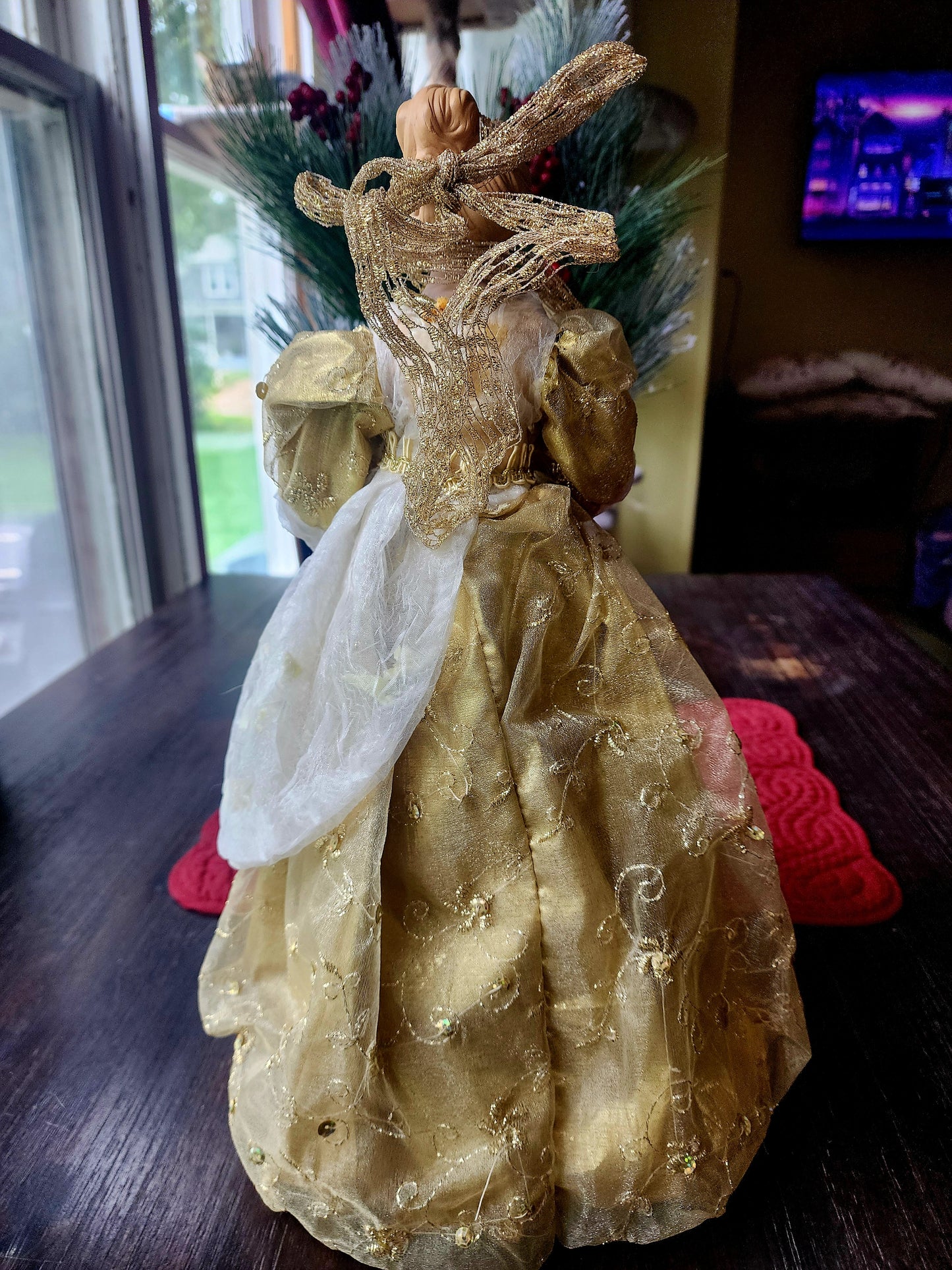 Angel Christmas Tree Topper in Gold Dress & Ribbon 16" Tall