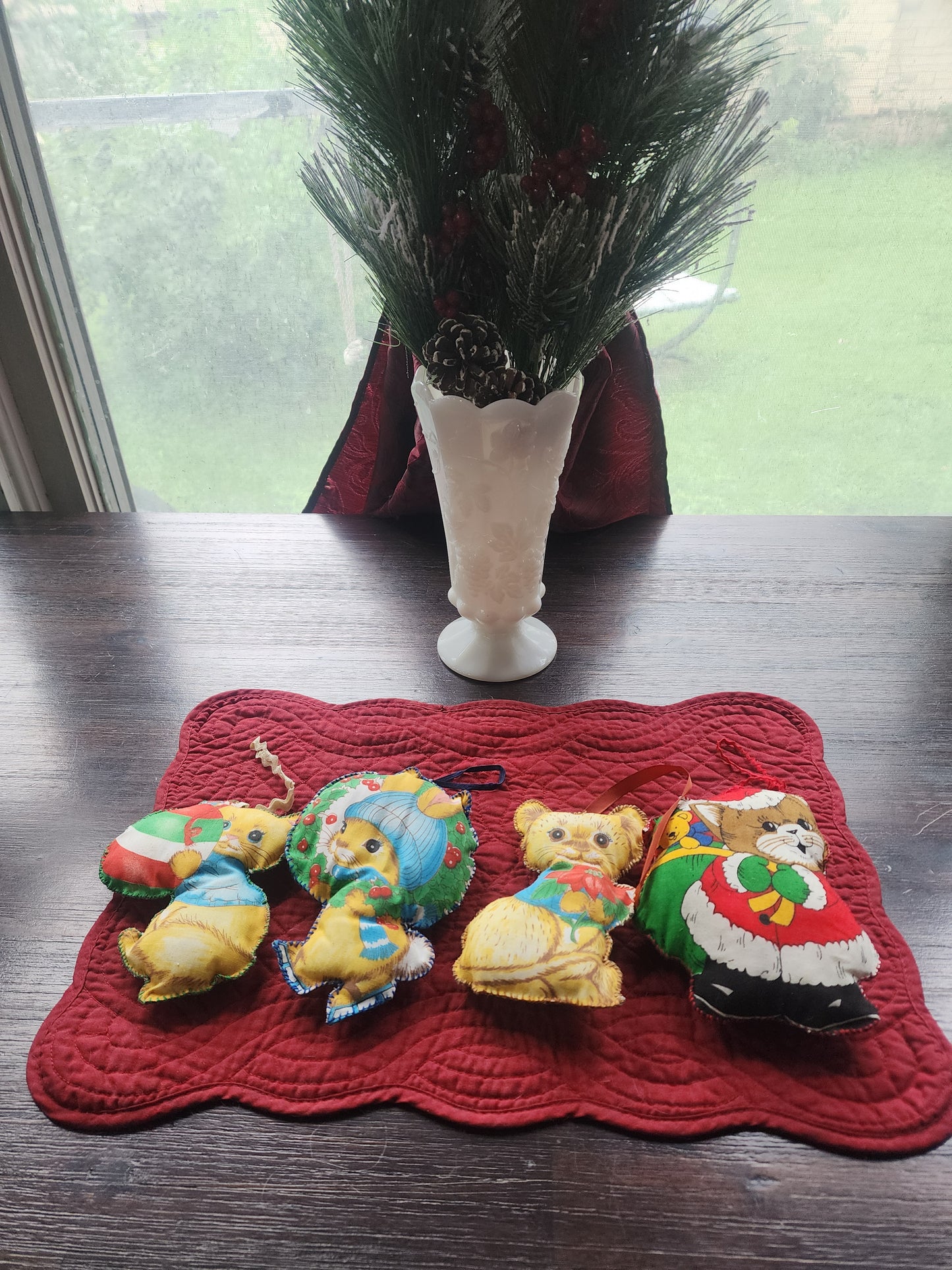 4 Vintage 1970's Fabric Handmade Stuffed Bunny & Cats Christmas Ornaments