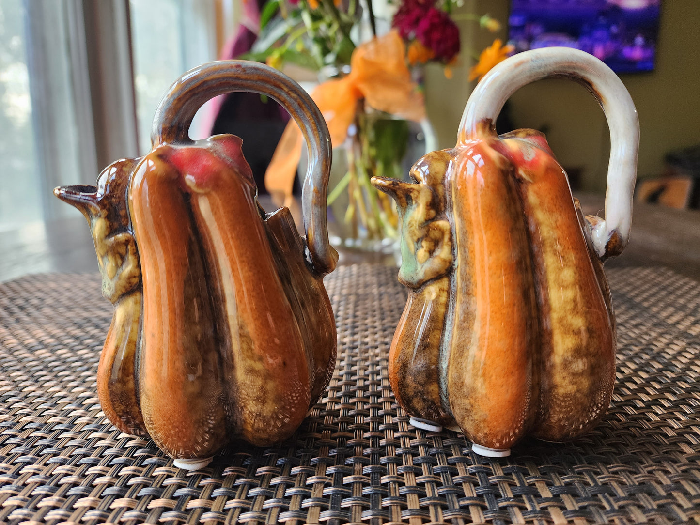 Fall Harvest Majolica Pottery Pumpkin Decoration Orange and Brown Glaze, 2 Included