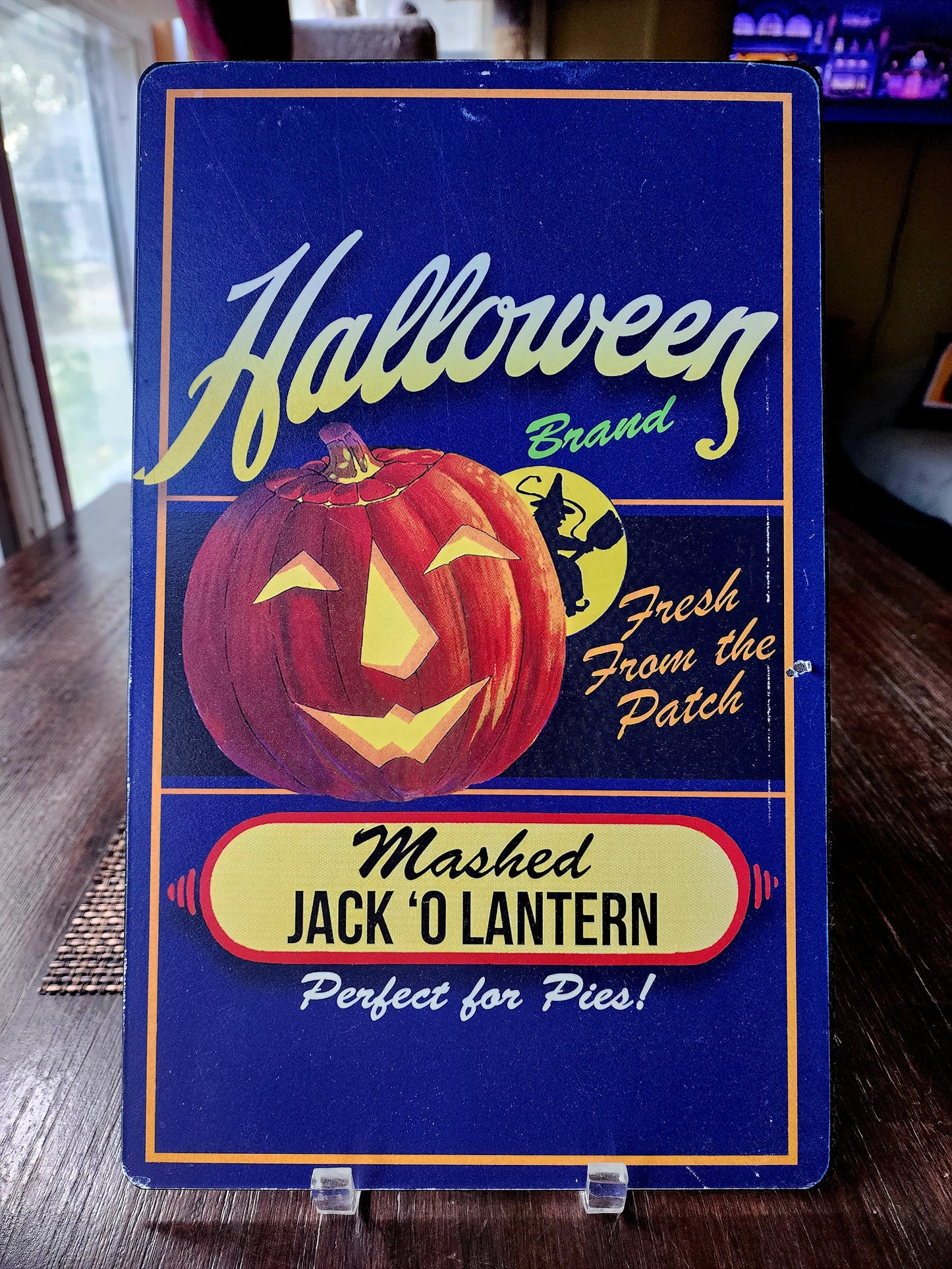 Metal Halloween Sign Wall Hanging Vintage Style Mashed Jack O Lantern 15.5x9.5"