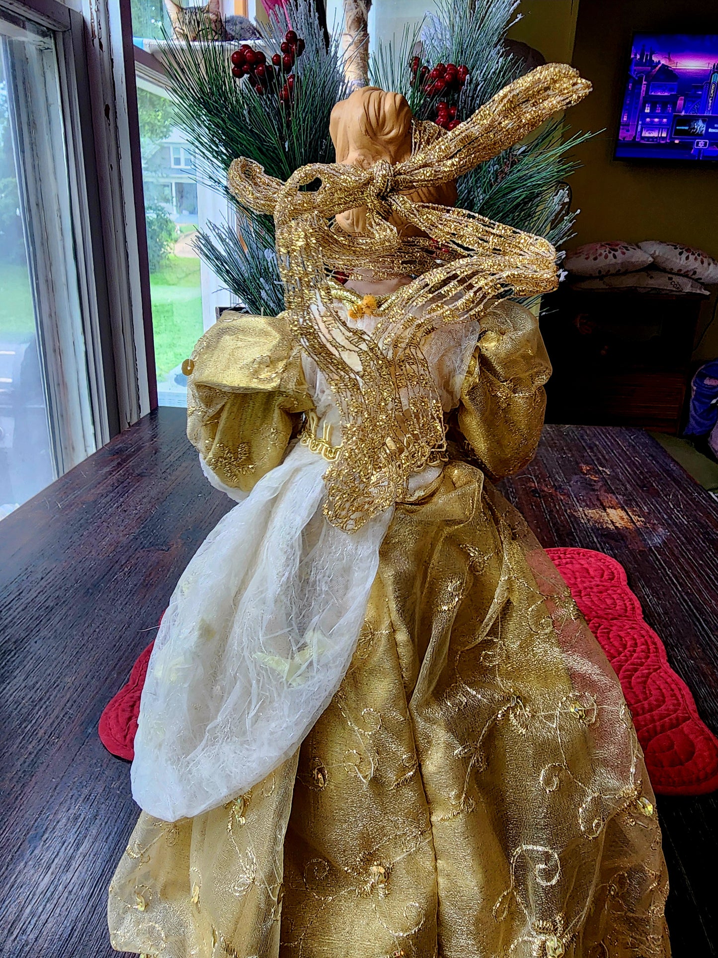 Angel Christmas Tree Topper in Gold Dress & Ribbon 16" Tall