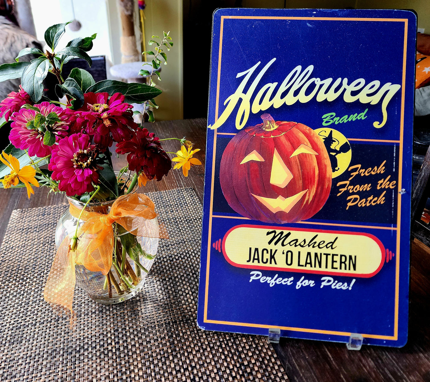 Metal Halloween Sign Wall Hanging Vintage Style Mashed Jack O Lantern 15.5x9.5"