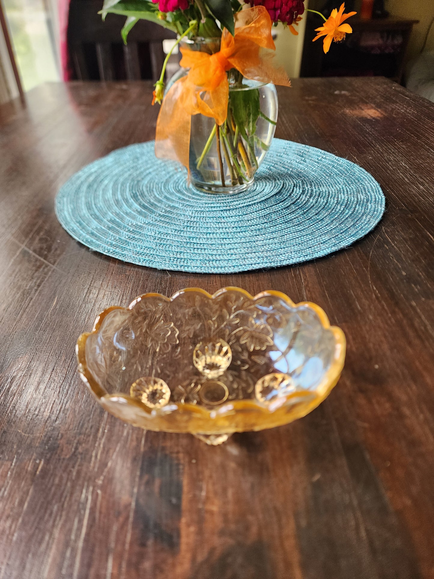 Vintage Amber Glass Candy Dish with Flower Design 5 inches wide x 2 inches tall