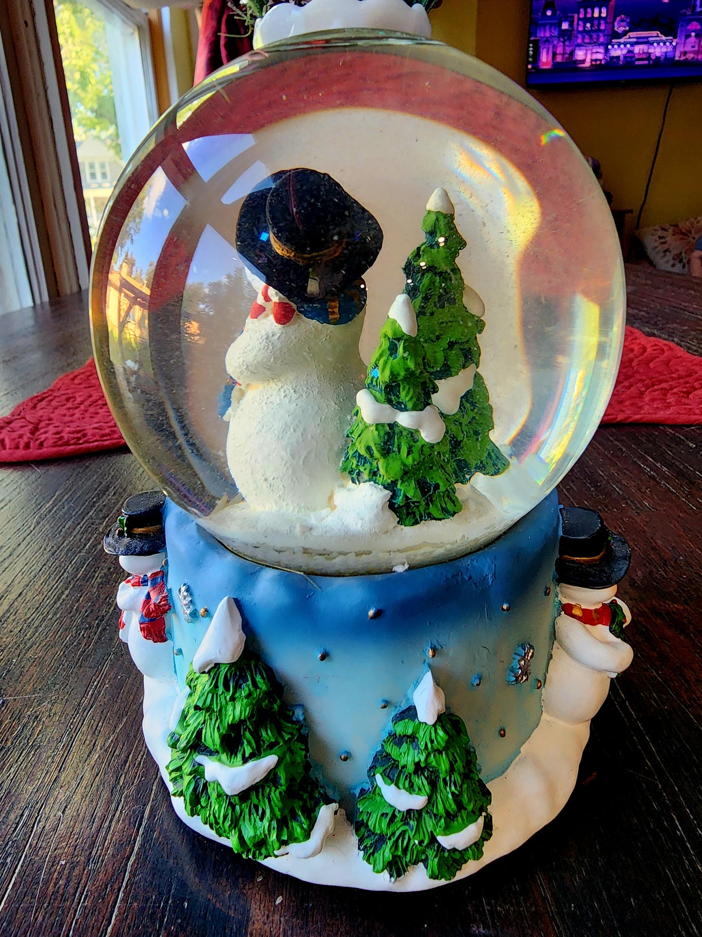 Vintage Christmas Snowman with Cardinal Snow Globe Music Box "Joy" on the side