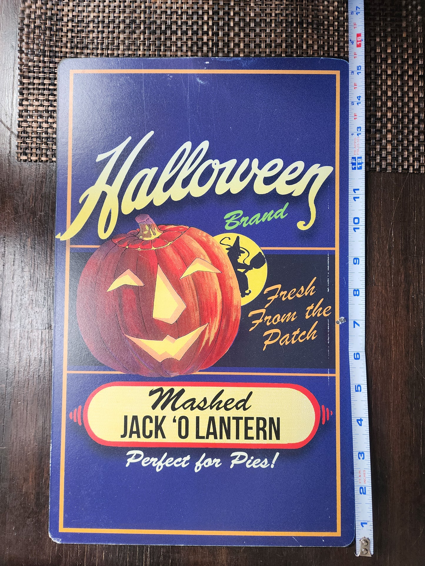 Metal Halloween Sign Wall Hanging Vintage Style Mashed Jack O Lantern 15.5x9.5"
