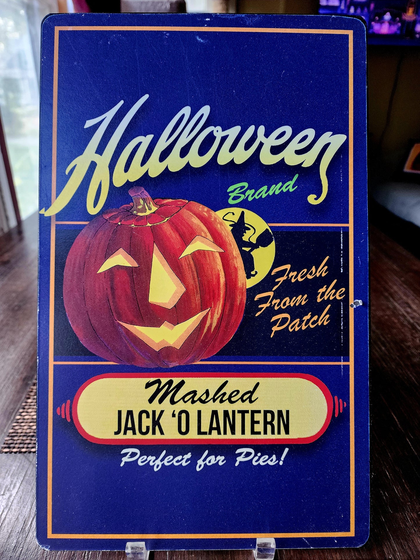 Metal Halloween Sign Wall Hanging Vintage Style Mashed Jack O Lantern 15.5x9.5"
