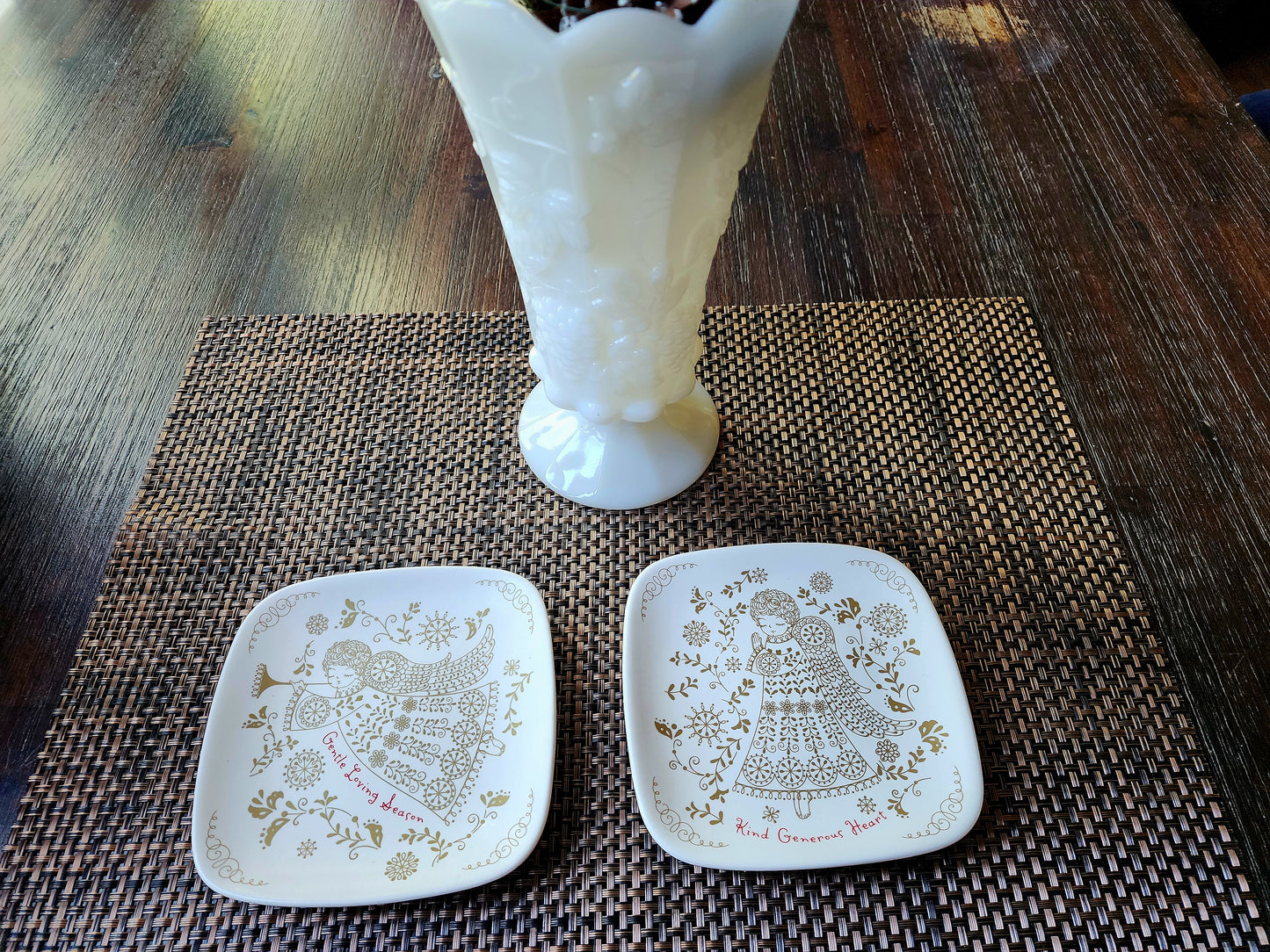 2 Hallmark Decorative Square Plates with Gold Angel Design "Kind Generous Heart" and "Gentle Loving Season"