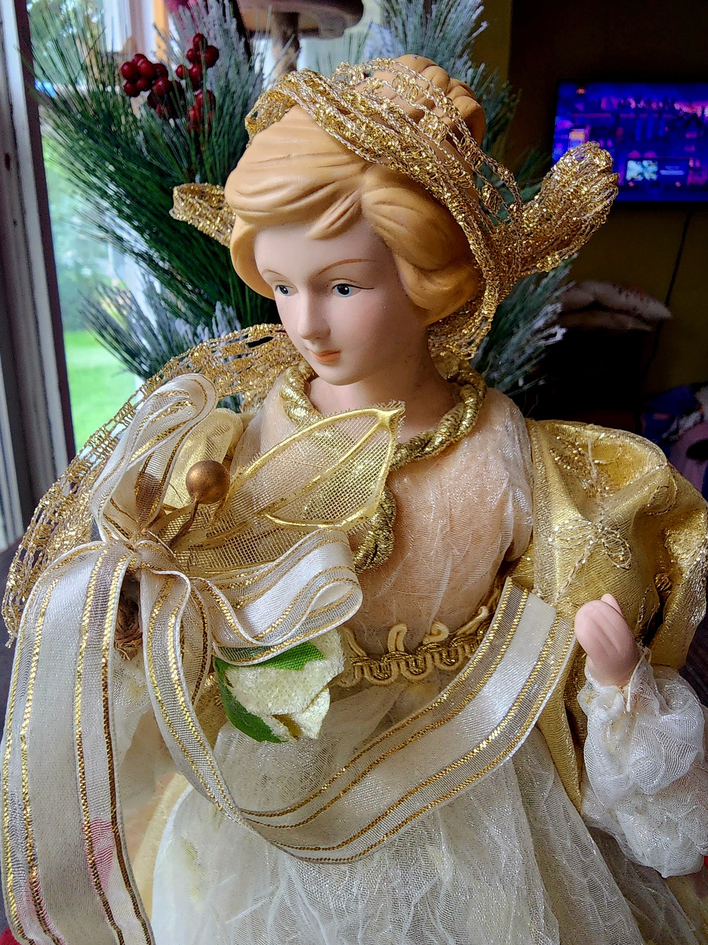 Angel Christmas Tree Topper in Gold Dress & Ribbon 16" Tall