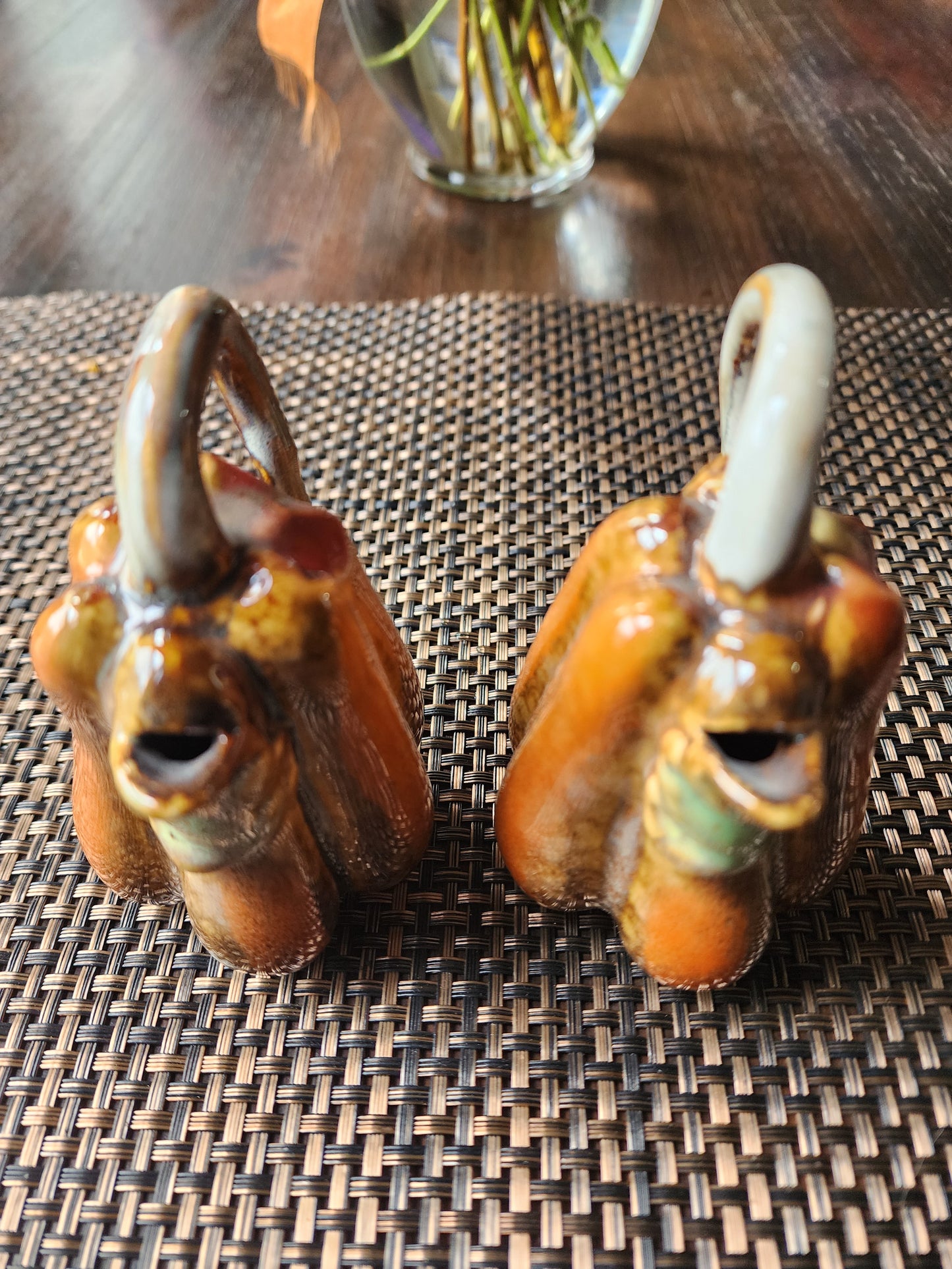 Fall Harvest Majolica Pottery Pumpkin Decoration Orange and Brown Glaze, 2 Included