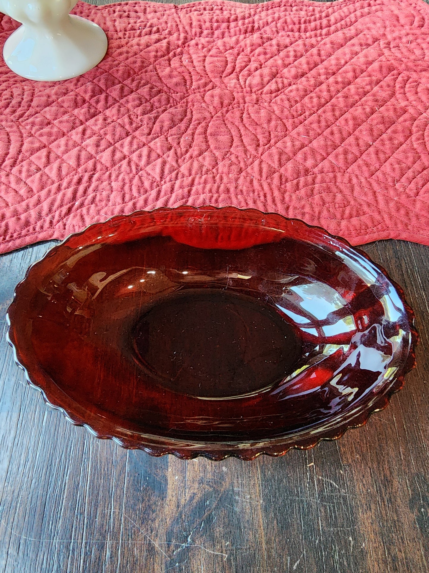 Vintage Oval Rub Red Ruffle Edge Serving Bowl Glass 8 1/2 inches
