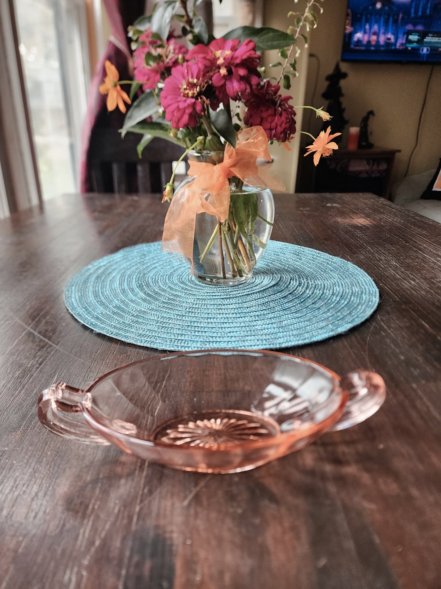 Vintage Small Pink Depression Glass Candy Dish or Nut Bowl w/ Handles, 8"