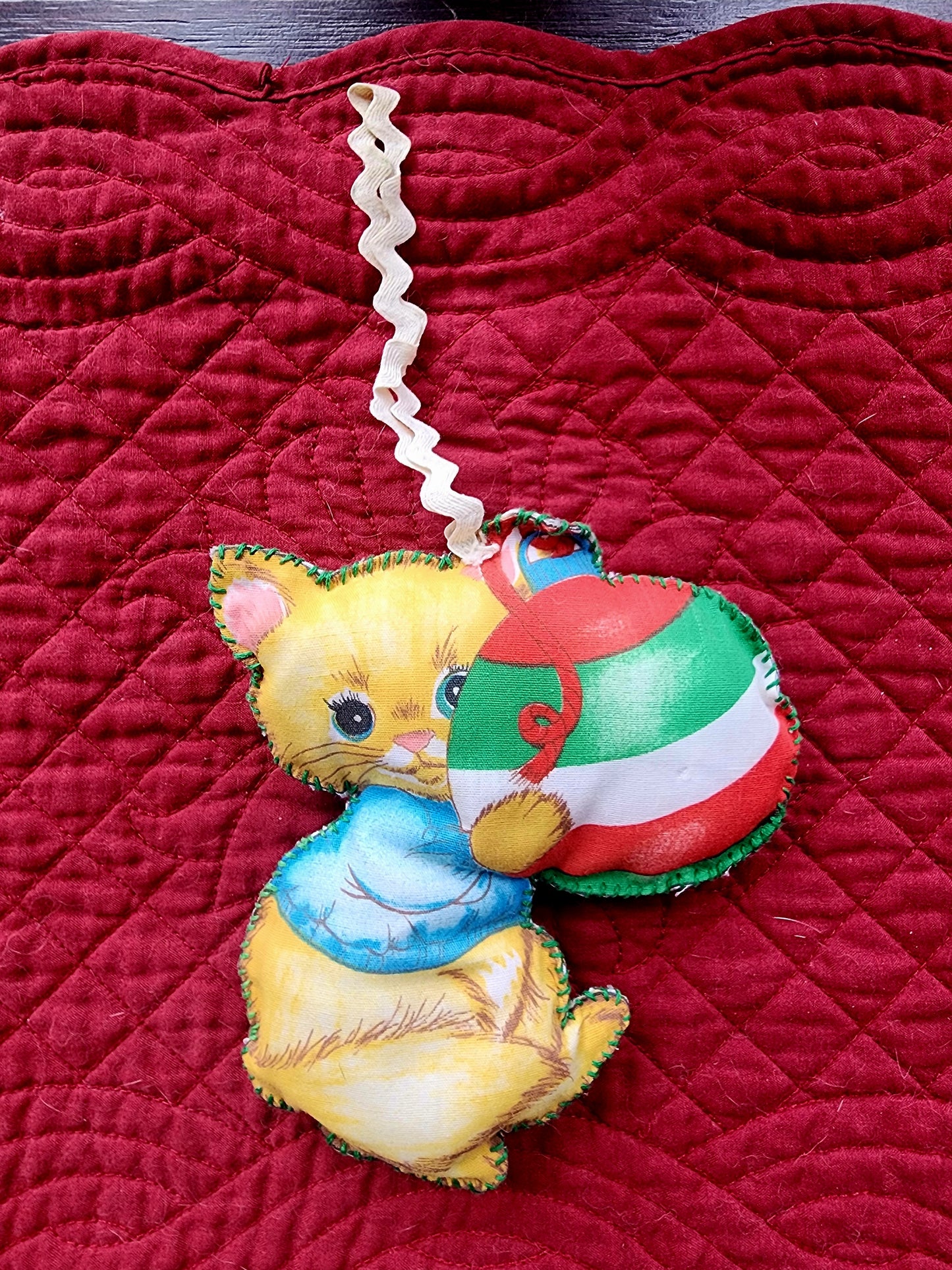 4 Vintage 1970's Fabric Handmade Stuffed Bunny & Cats Christmas Ornaments