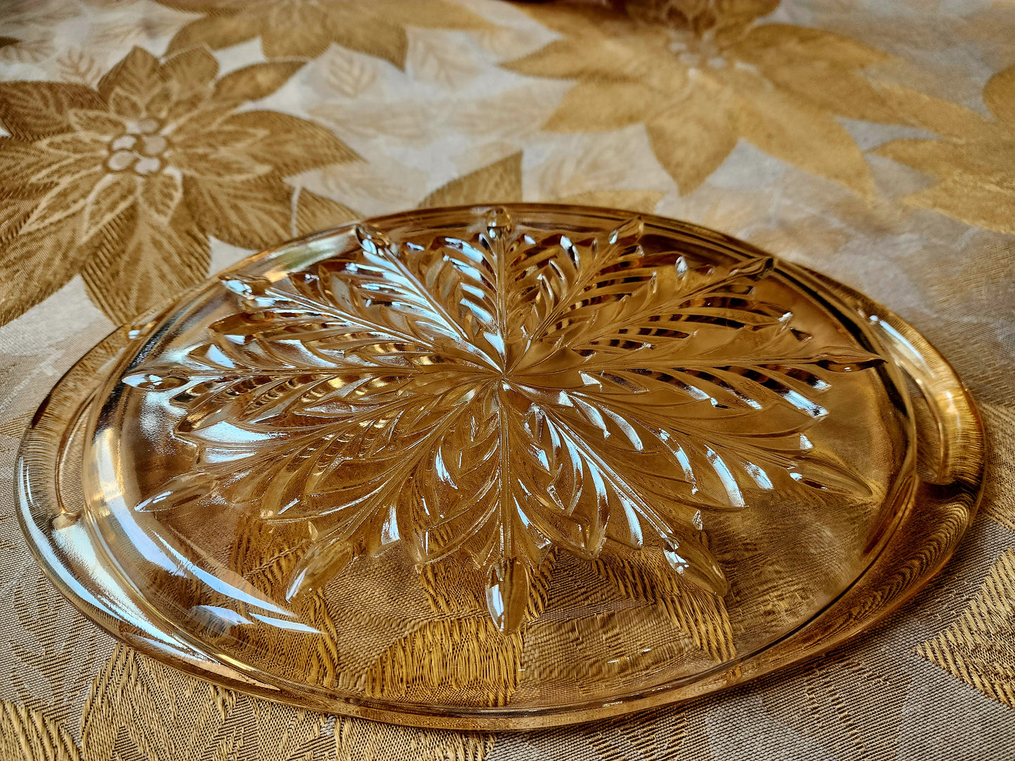 Vintage Amber Pressed Oval Glass Relish Tray Snowflake Embossed Pattern 10" x 6"