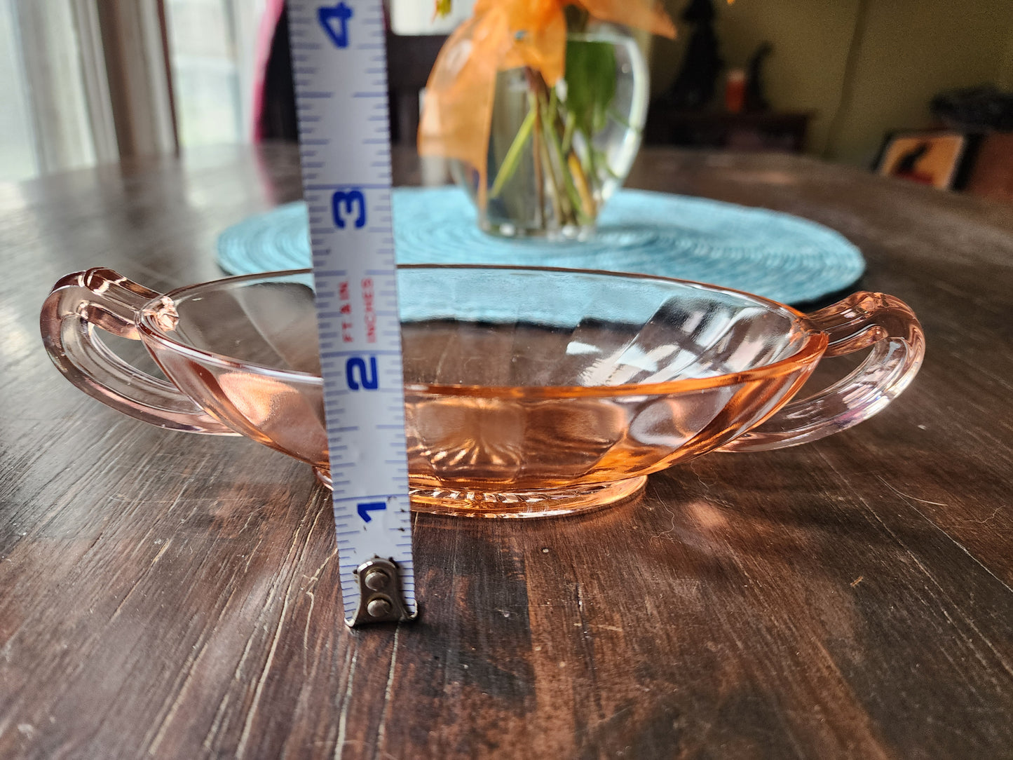 Vintage Small Pink Depression Glass Candy Dish or Nut Bowl w/ Handles, 8"