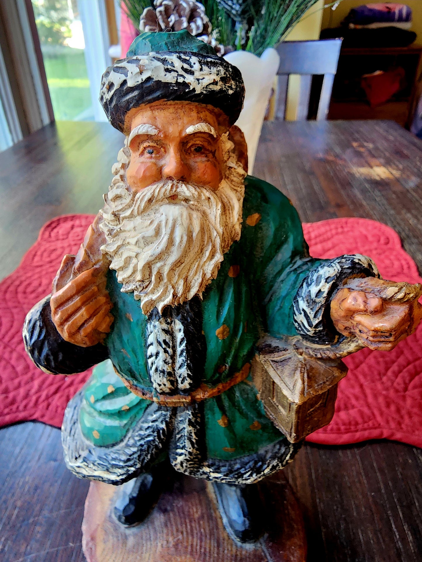 Wooden Vintage Folk Art Green Suit Santa Holding Lantern and Sack of Toys