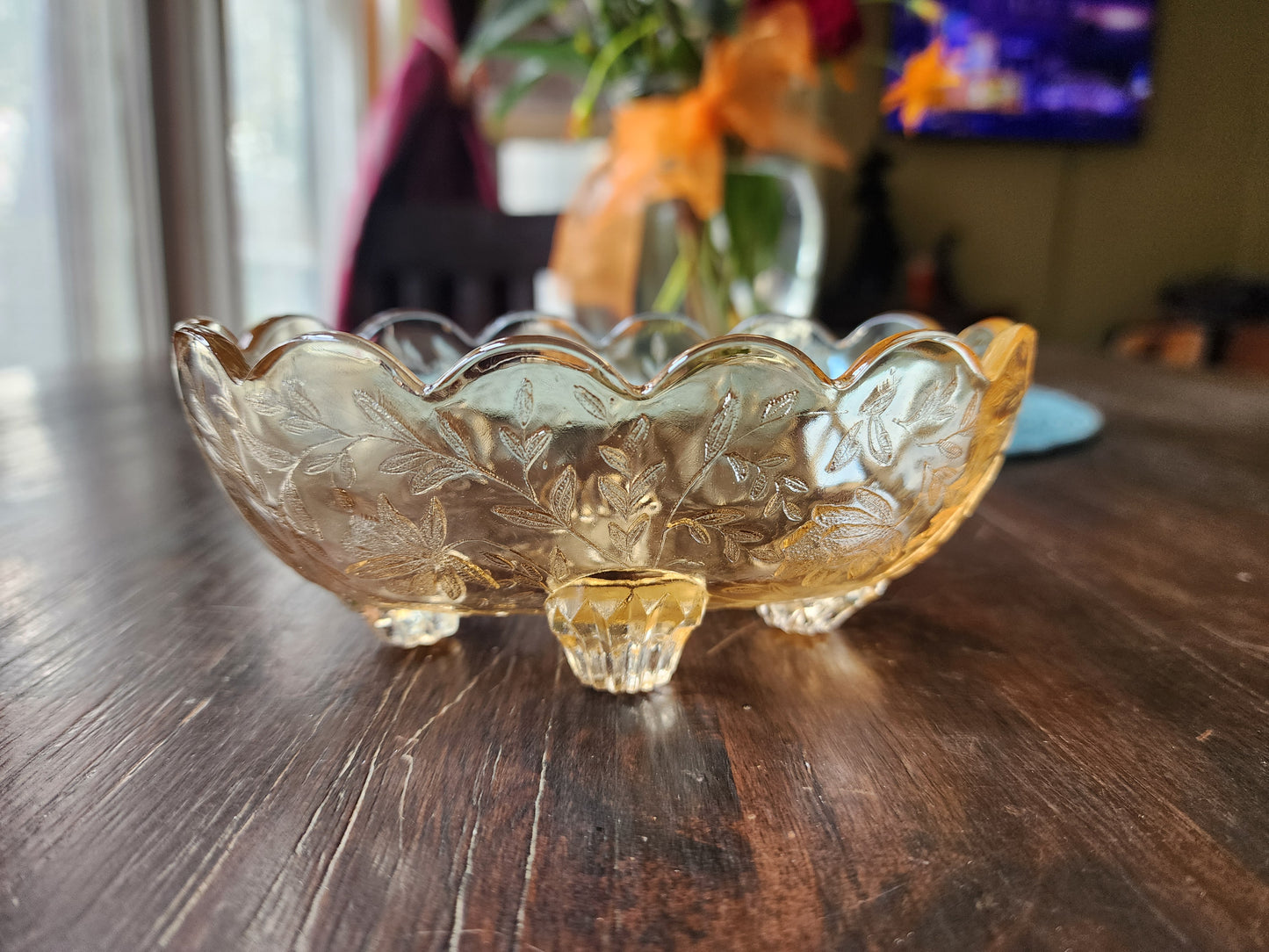 Vintage Amber Glass Candy Dish with Flower Design 5 inches wide x 2 inches tall