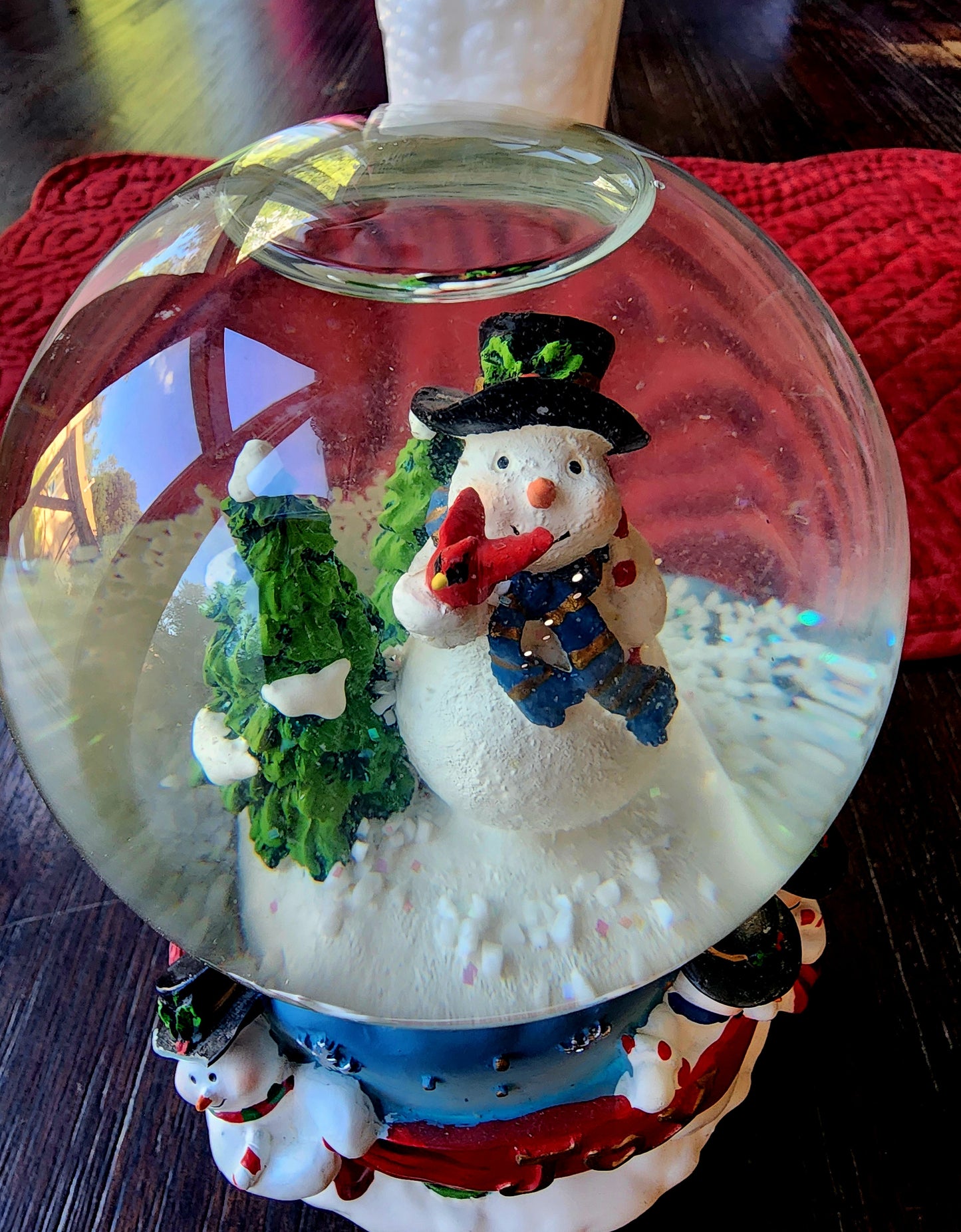 Vintage Christmas Snowman with Cardinal Snow Globe Music Box "Joy" on the side