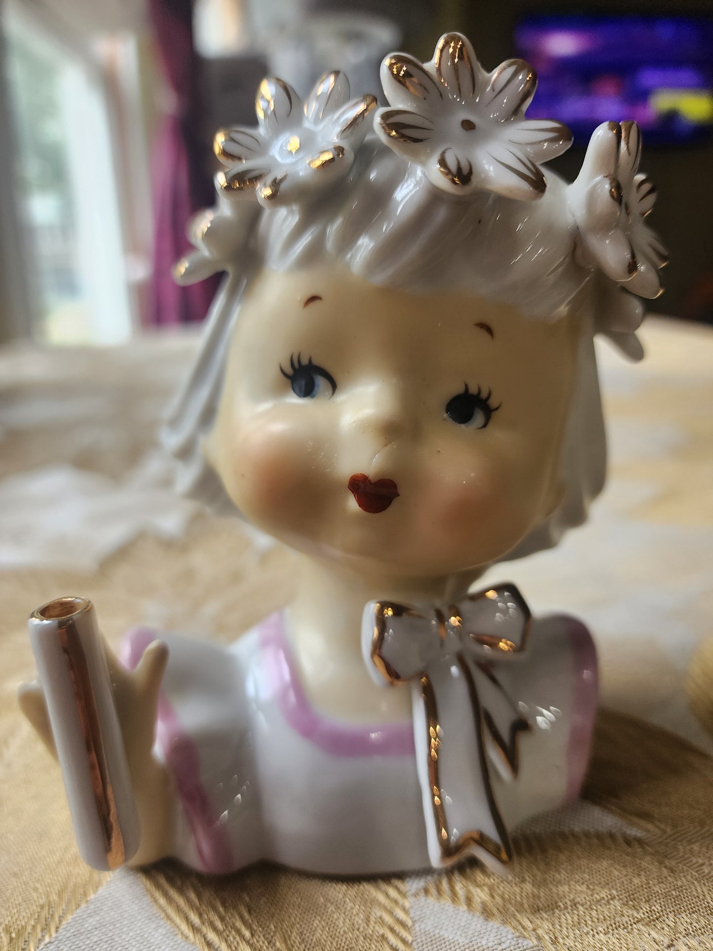 Vintage Napco Head Vase Girl with Floral Crown, Bow, Pink and White Dress 1950s