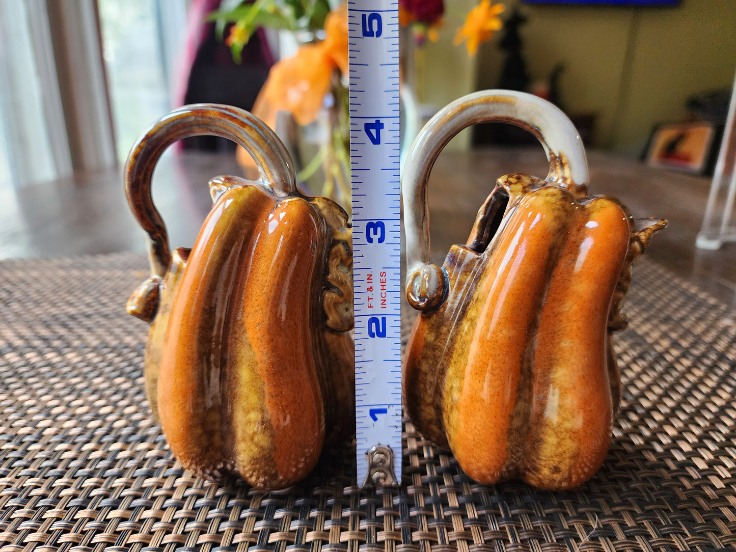 Fall Harvest Majolica Pottery Pumpkin Decoration Orange and Brown Glaze, 2 Included