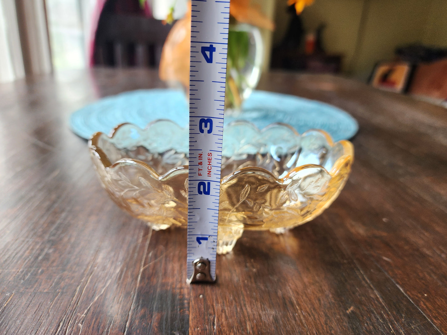 Vintage Amber Glass Candy Dish with Flower Design 5 inches wide x 2 inches tall