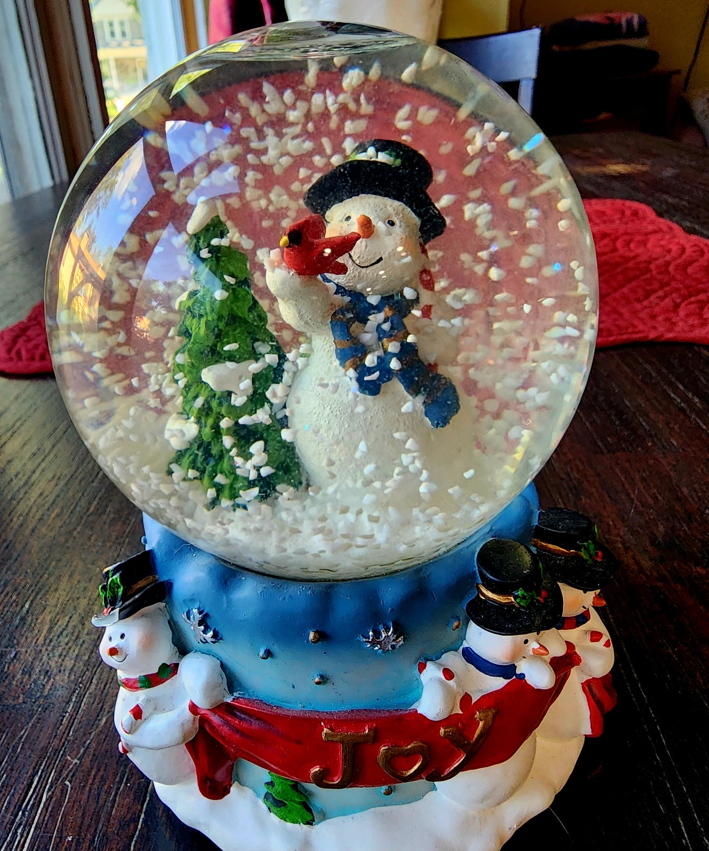 Vintage Christmas Snowman with Cardinal Snow Globe Music Box "Joy" on the side