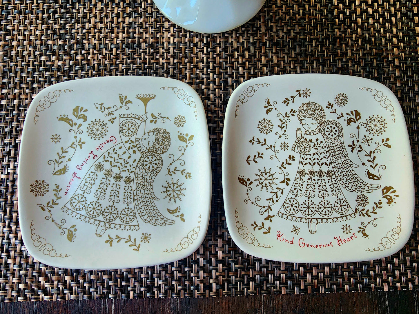 2 Hallmark Decorative Square Plates with Gold Angel Design "Kind Generous Heart" and "Gentle Loving Season"