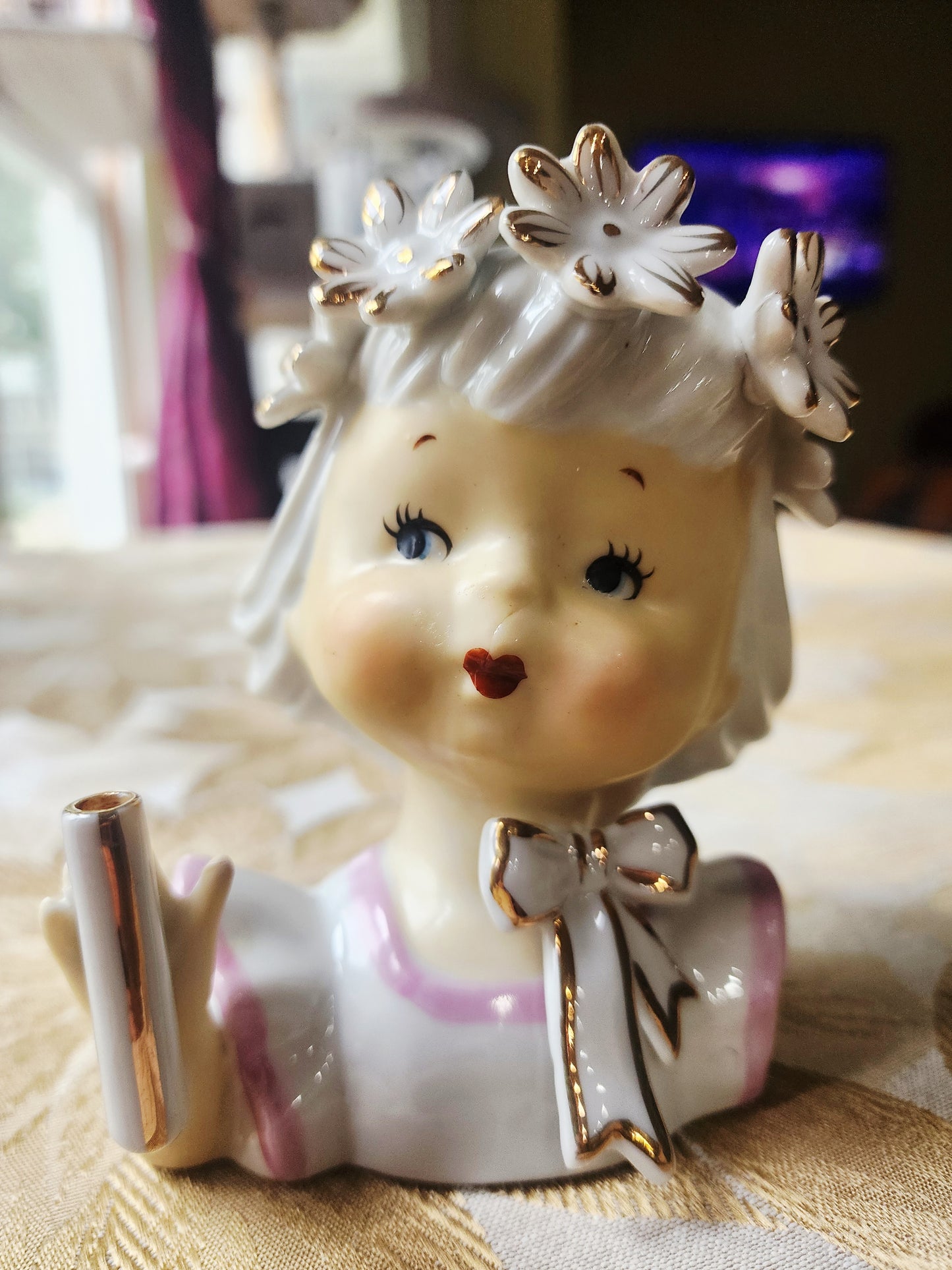 Vintage Napco Head Vase Girl with Floral Crown, Bow, Pink and White Dress 1950s
