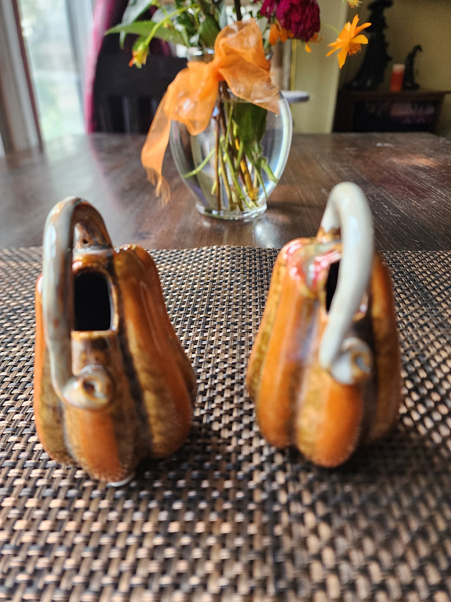 Fall Harvest Majolica Pottery Pumpkin Decoration Orange and Brown Glaze, 2 Included