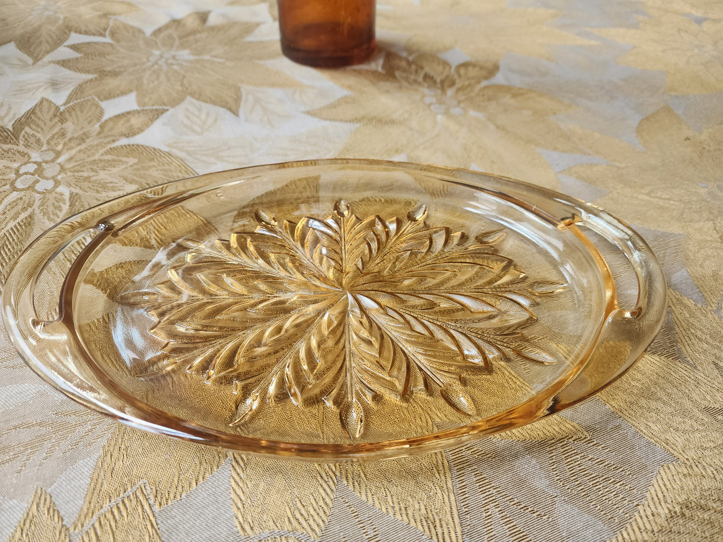 Vintage Amber Pressed Oval Glass Relish Tray Snowflake Embossed Pattern 10" x 6"