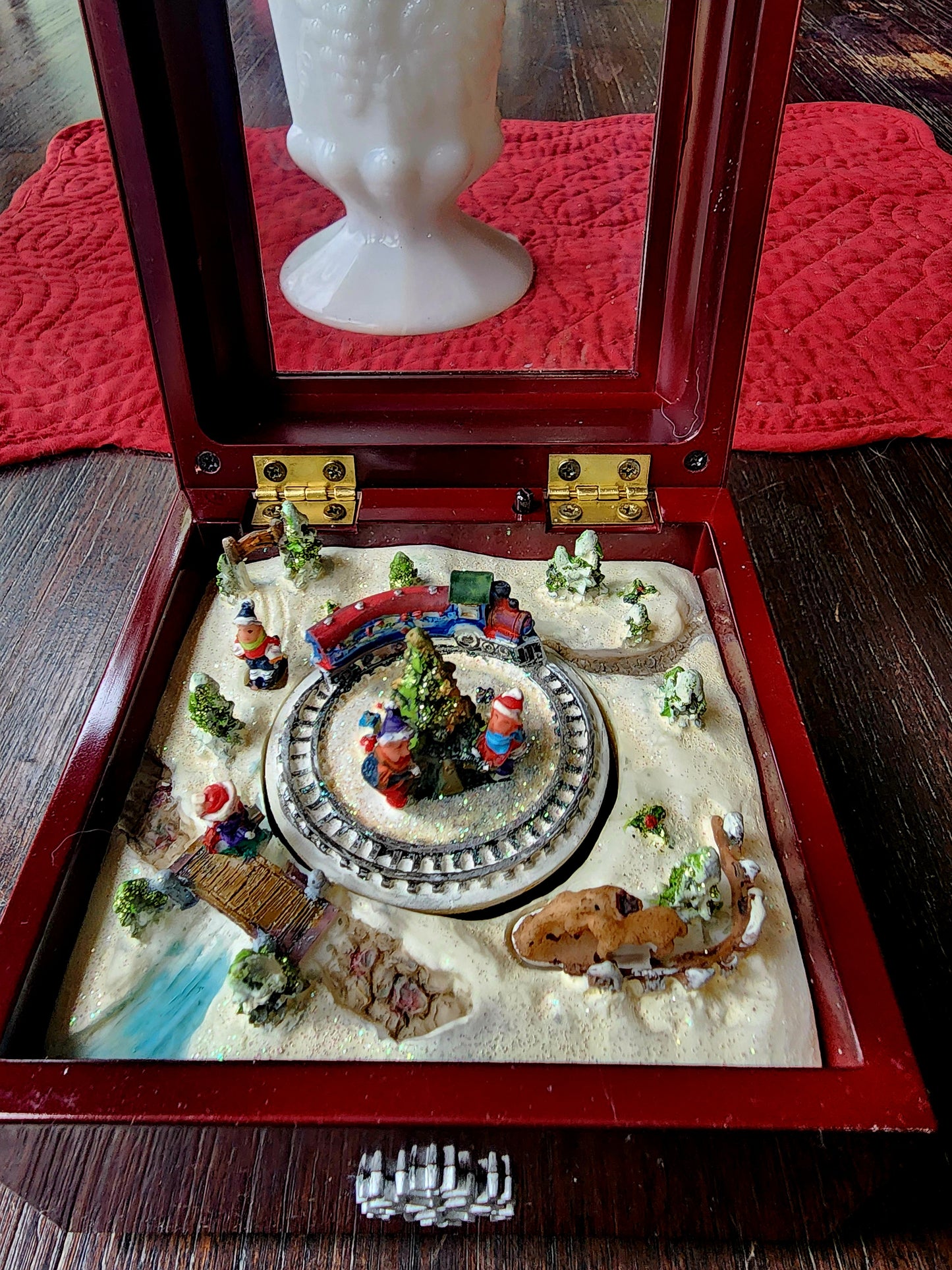 Winter Scene Train Turns Animated Music Box "We Wish You A Merry Christmas"