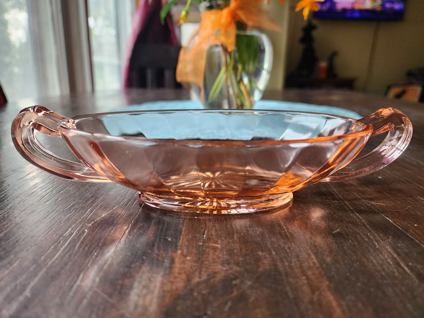 Vintage Small Pink Depression Glass Candy Dish or Nut Bowl w/ Handles, 8"