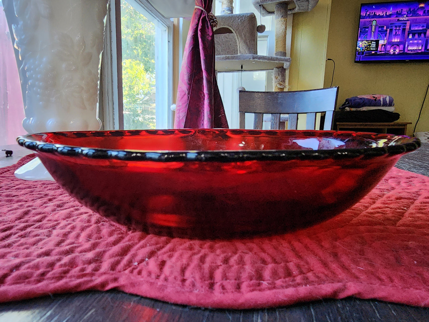 Vintage Oval Rub Red Ruffle Edge Serving Bowl Glass 8 1/2 inches