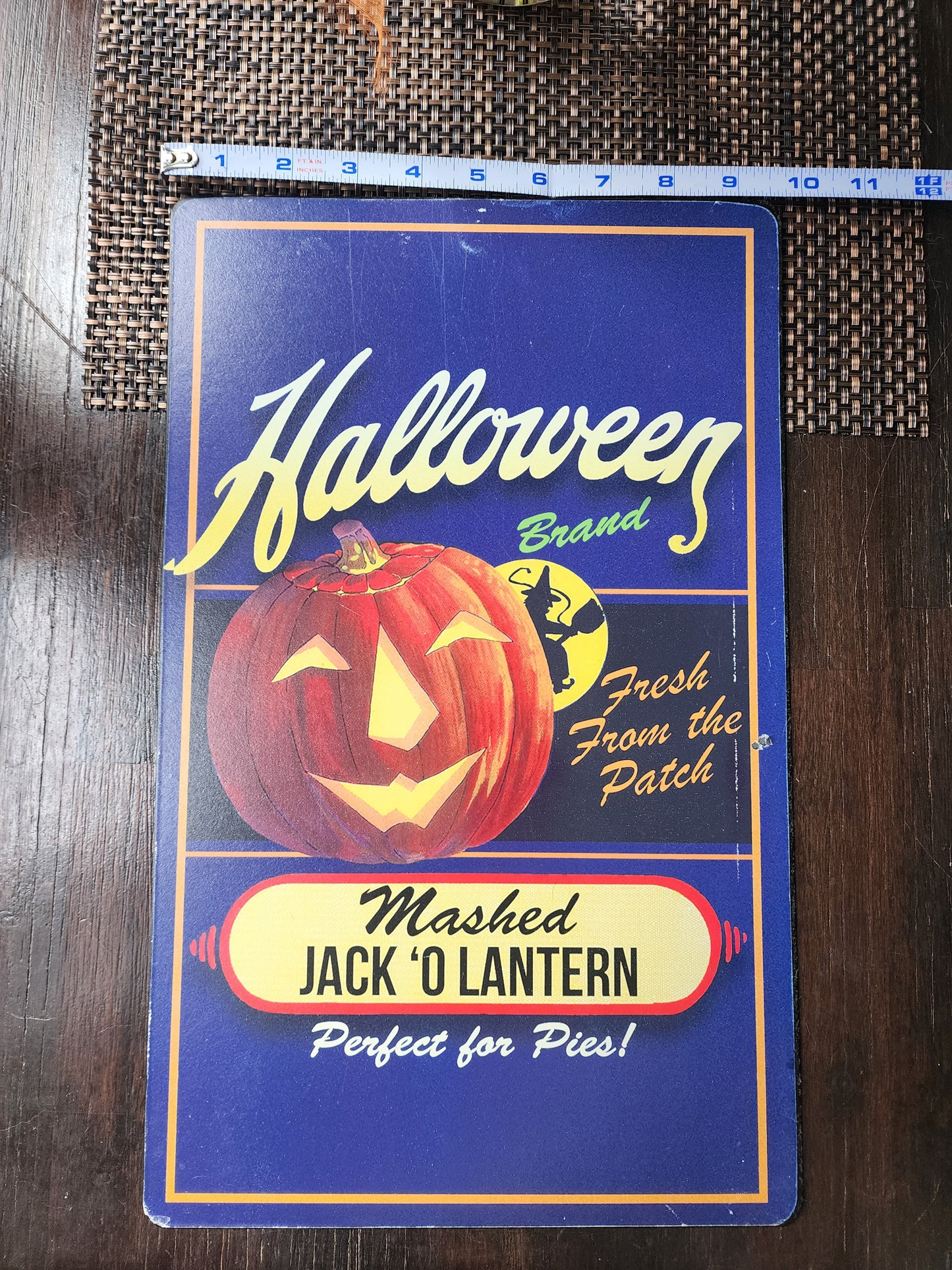 Metal Halloween Sign Wall Hanging Vintage Style Mashed Jack O Lantern 15.5x9.5"