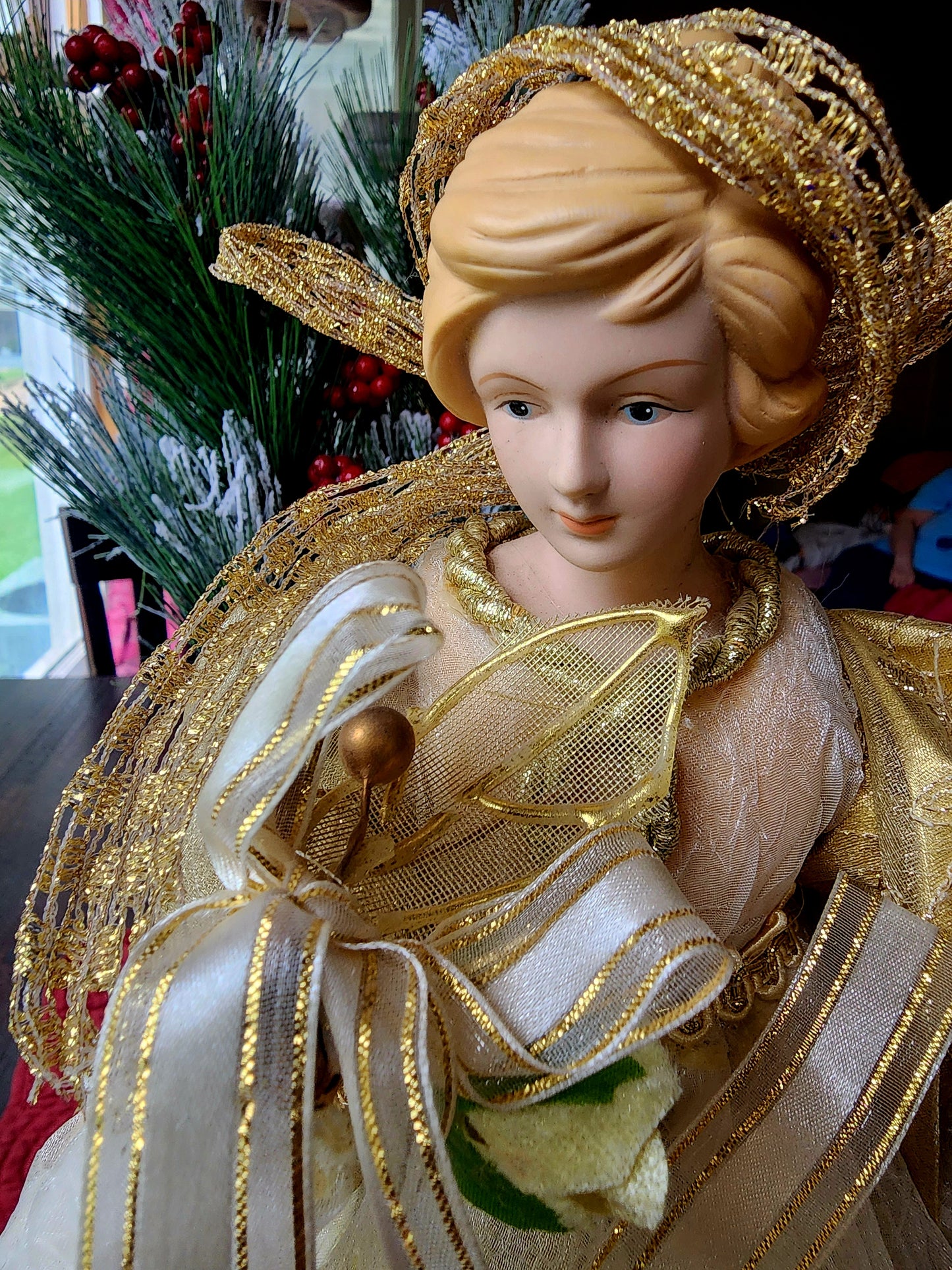 Angel Christmas Tree Topper in Gold Dress & Ribbon 16" Tall