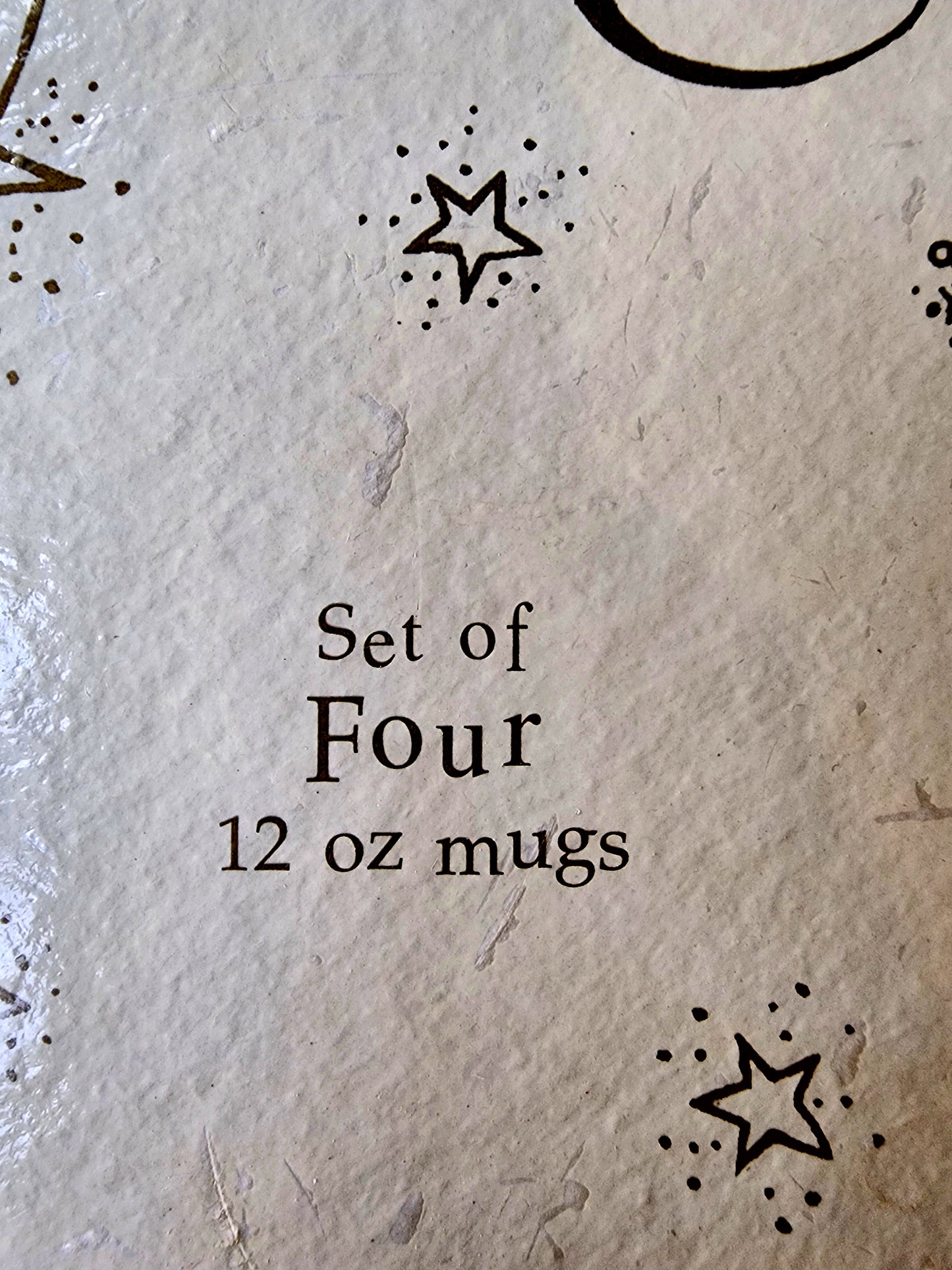 Set of 4 Coffee Mugs Cheer White Cups Gold Print Stars Snowflakes Original Box