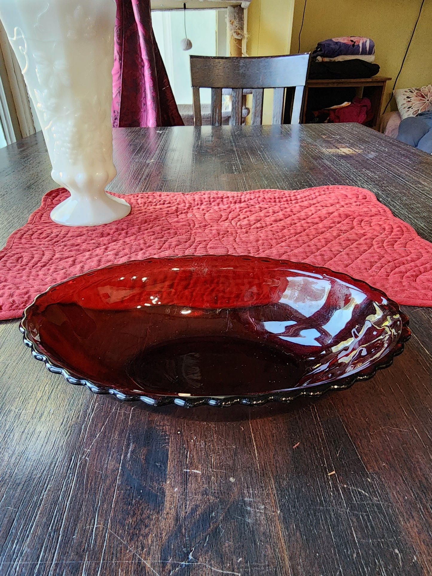Vintage Oval Rub Red Ruffle Edge Serving Bowl Glass 8 1/2 inches