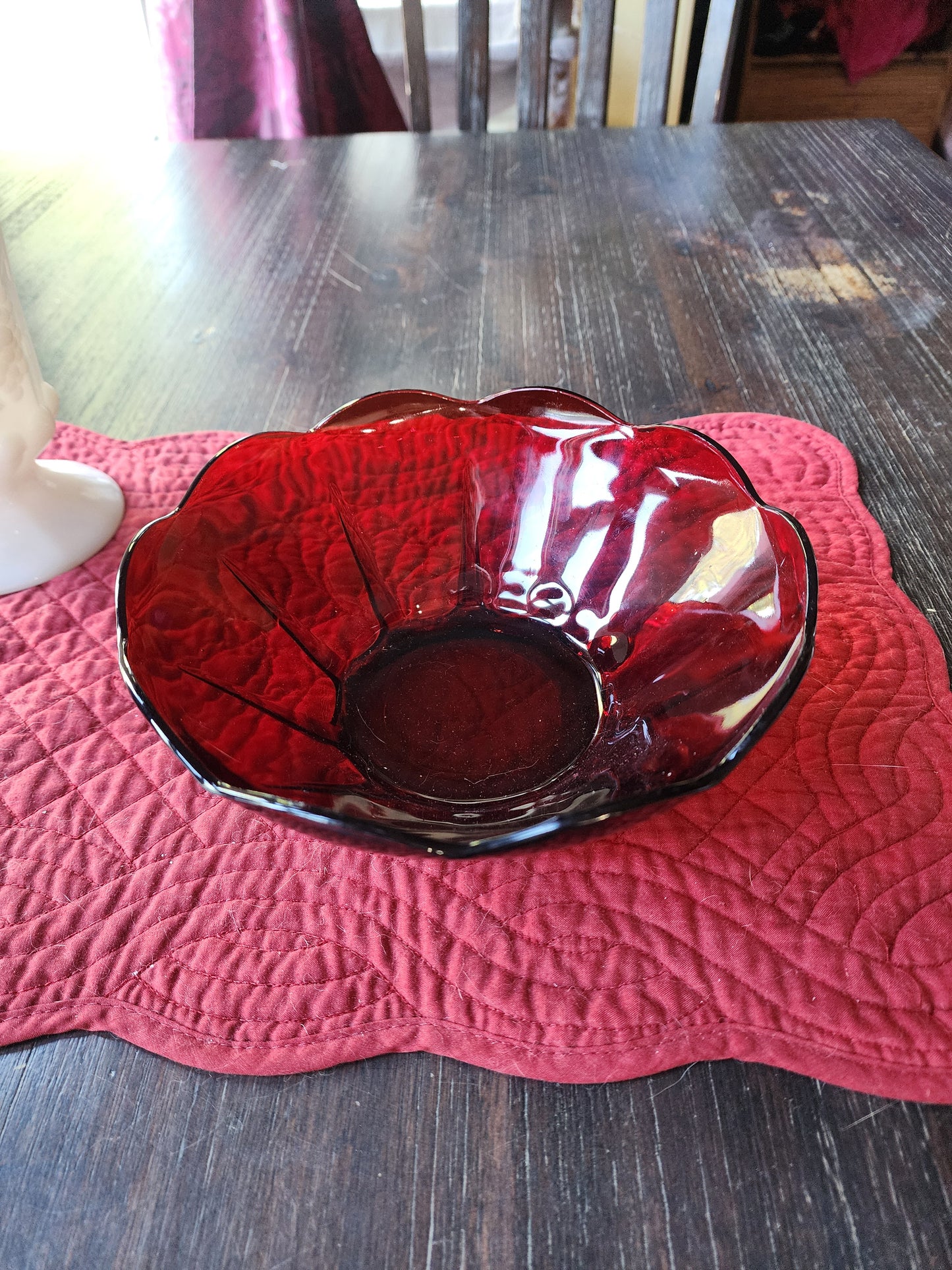 Vintage Glass Bowl Ribbed Wavy Edge 8" Serving Bowl Fruit Bowl