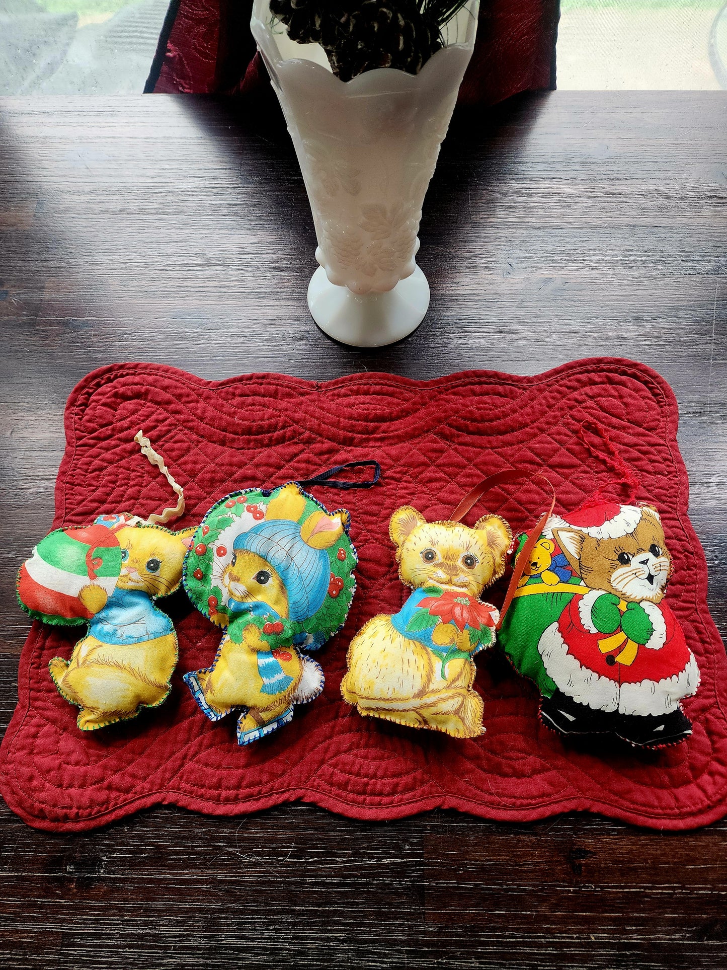 4 Vintage 1970's Fabric Handmade Stuffed Bunny & Cats Christmas Ornaments