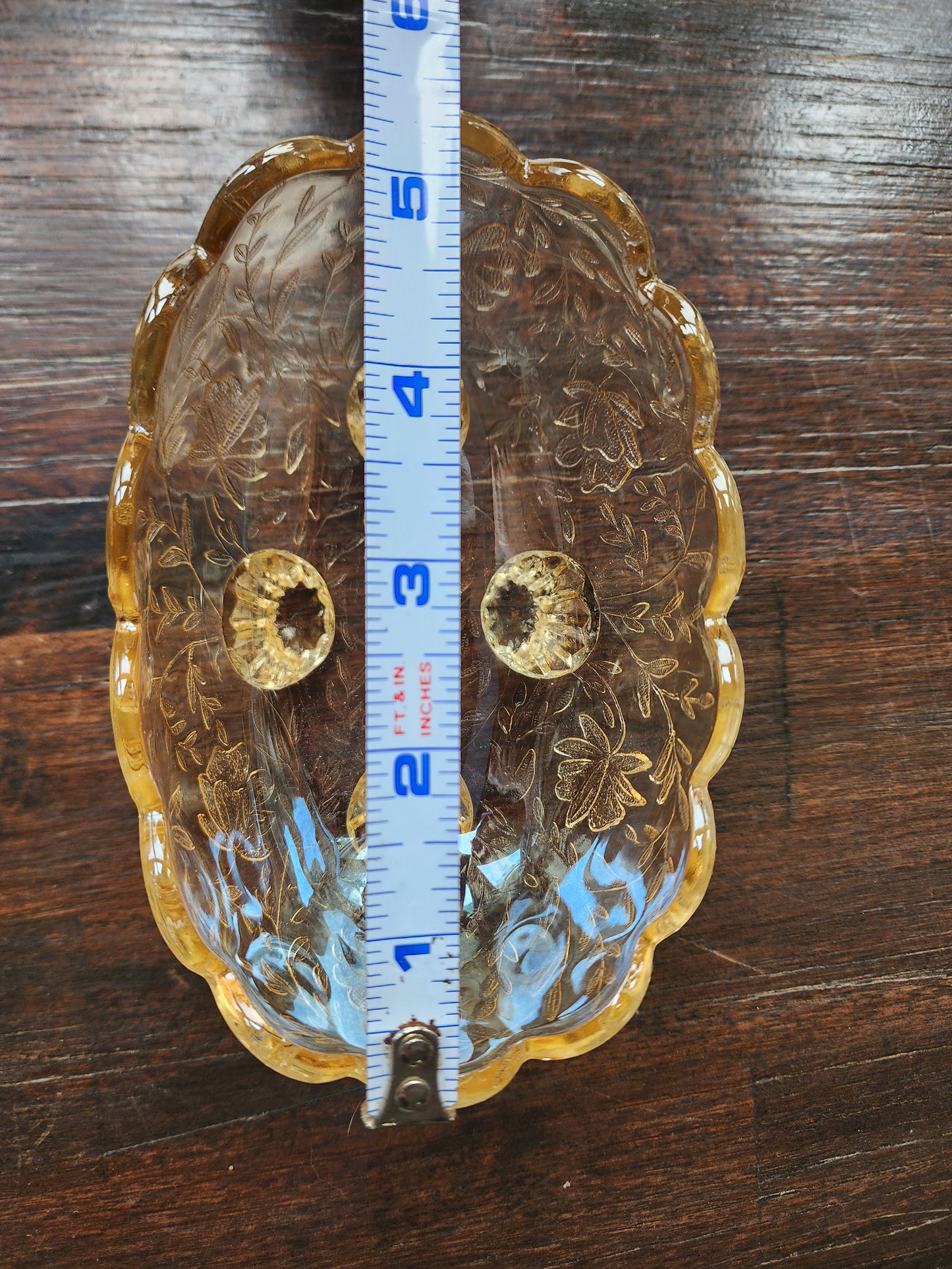 Vintage Amber Glass Candy Dish with Flower Design 5 inches wide x 2 inches tall