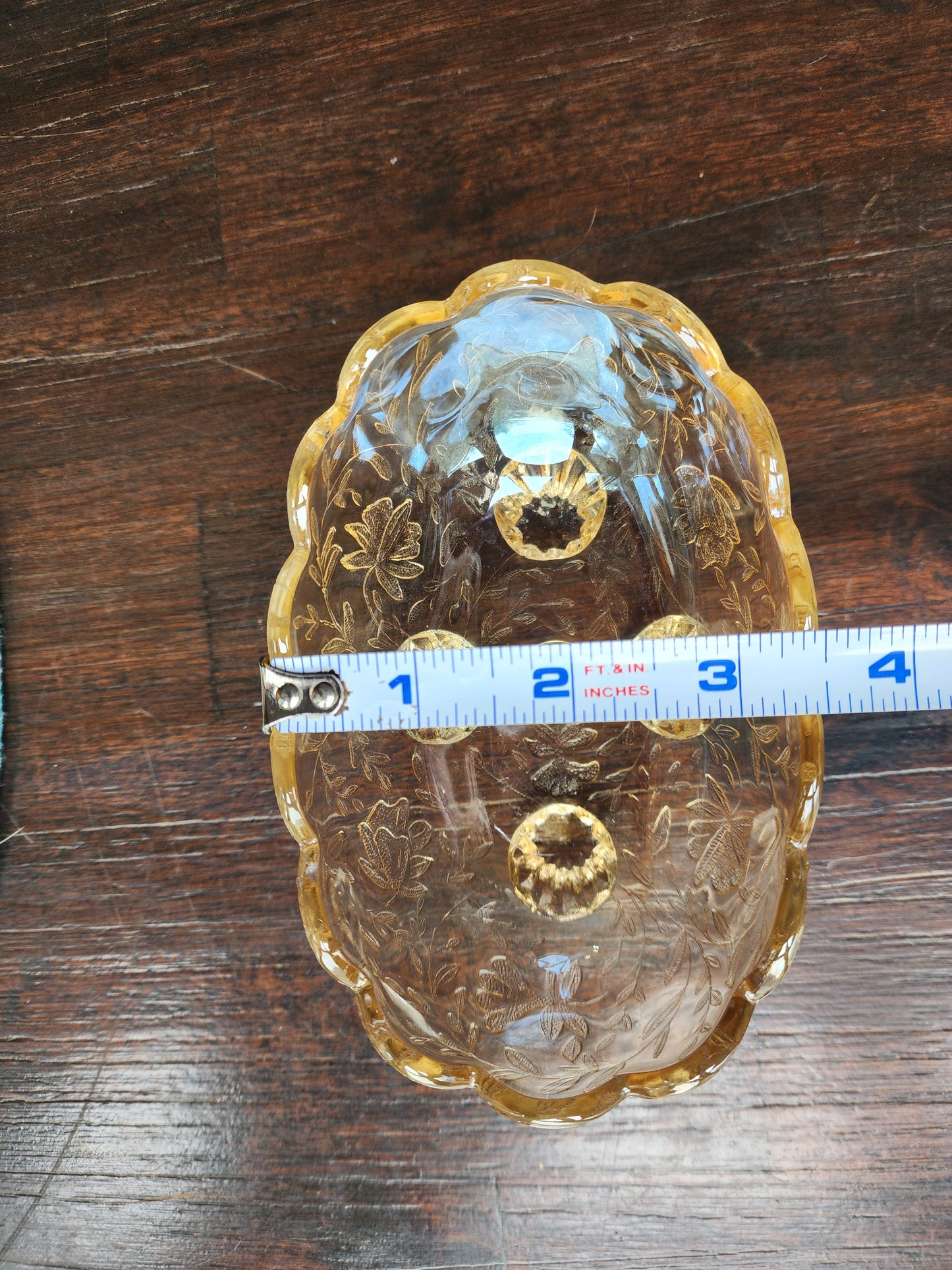 Vintage Amber Glass Candy Dish with Flower Design 5 inches wide x 2 inches tall