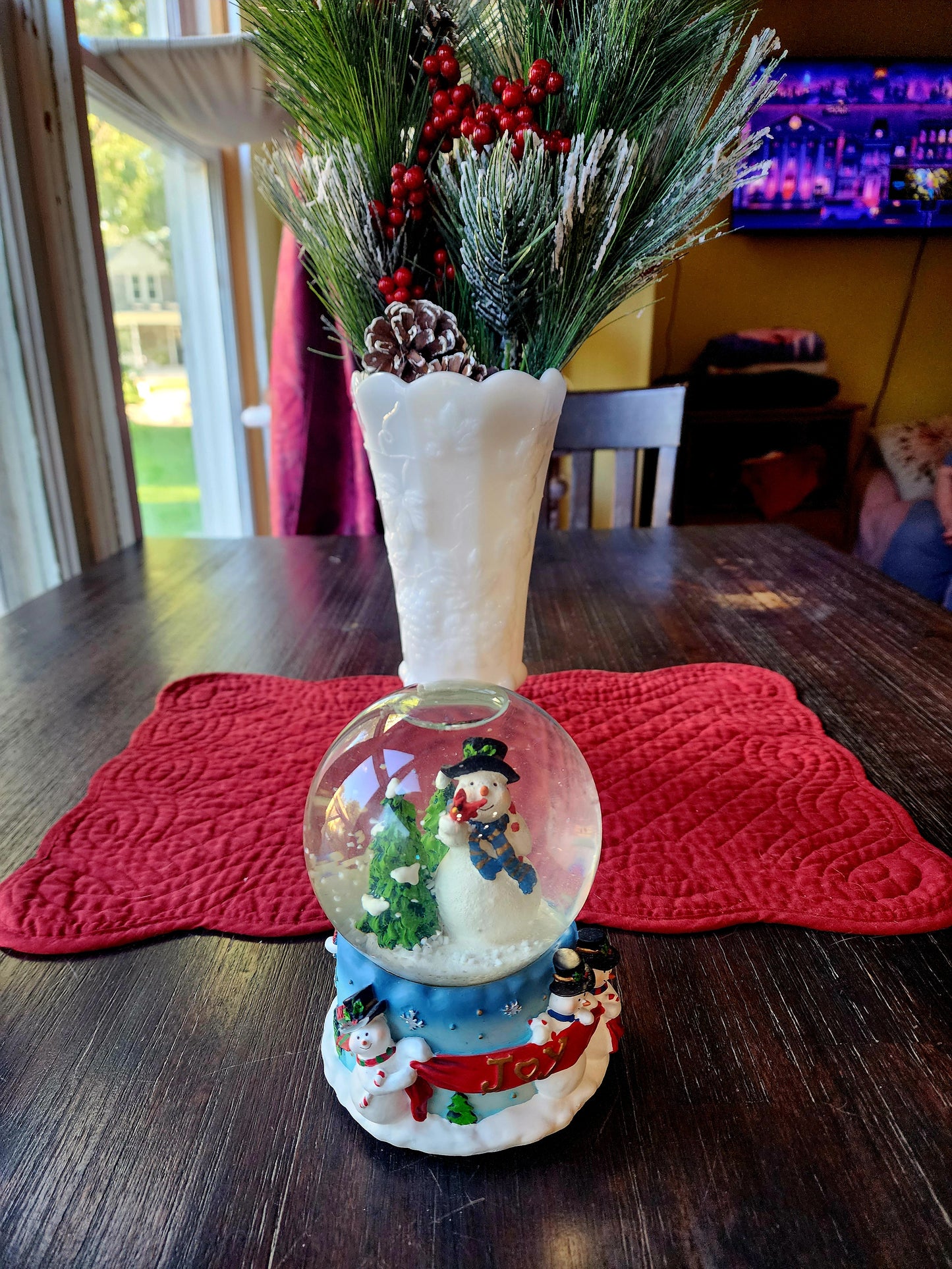 Vintage Christmas Snowman with Cardinal Snow Globe Music Box "Joy" on the side