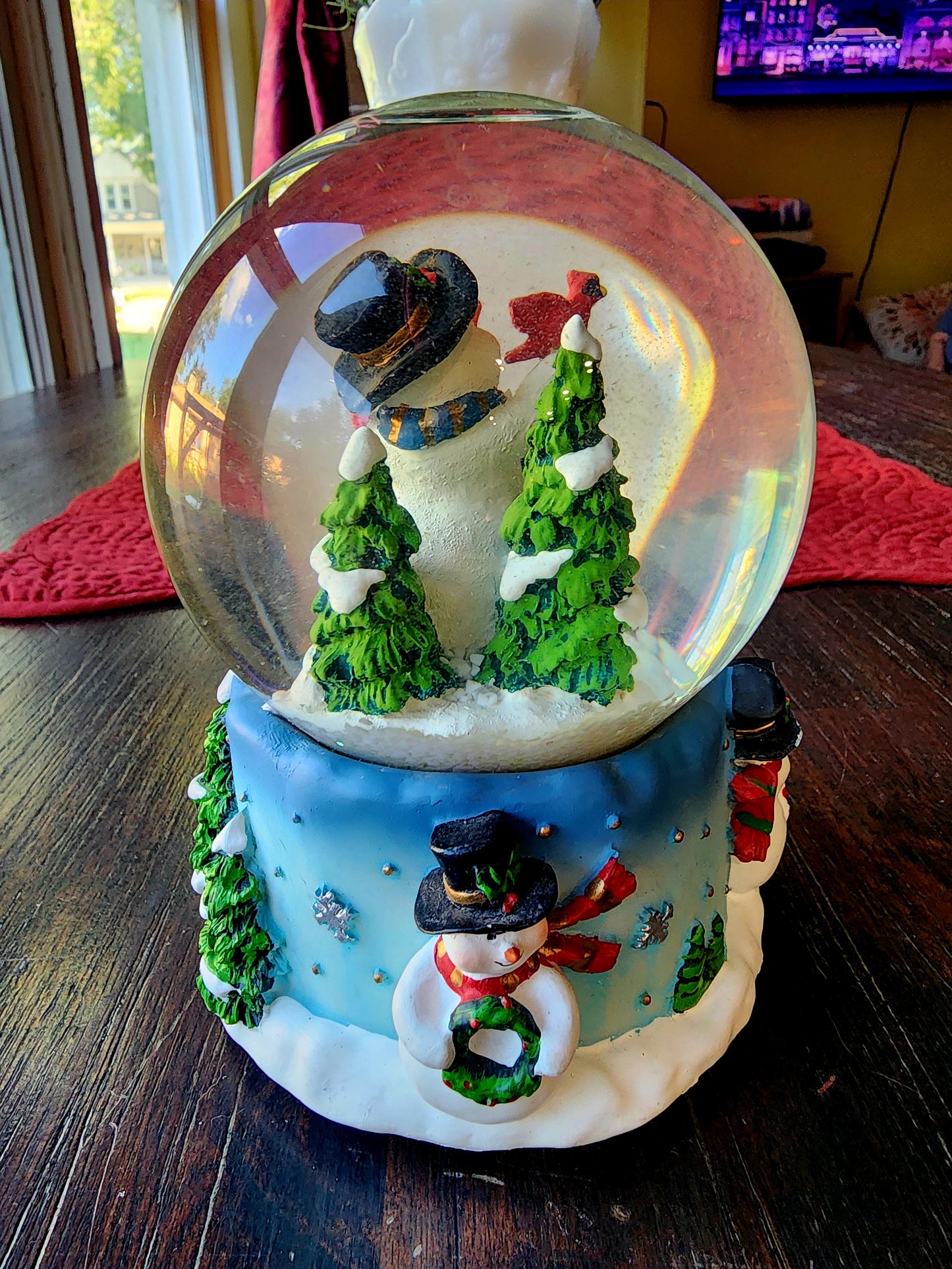 Vintage Christmas Snowman with Cardinal Snow Globe Music Box "Joy" on the side