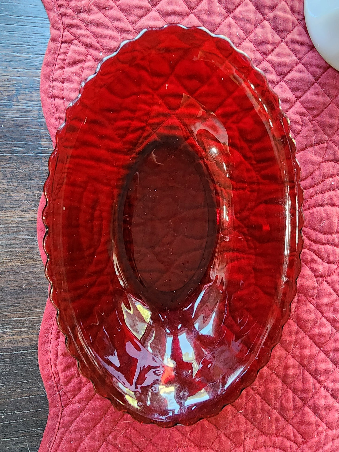 Vintage Oval Rub Red Ruffle Edge Serving Bowl Glass 8 1/2 inches
